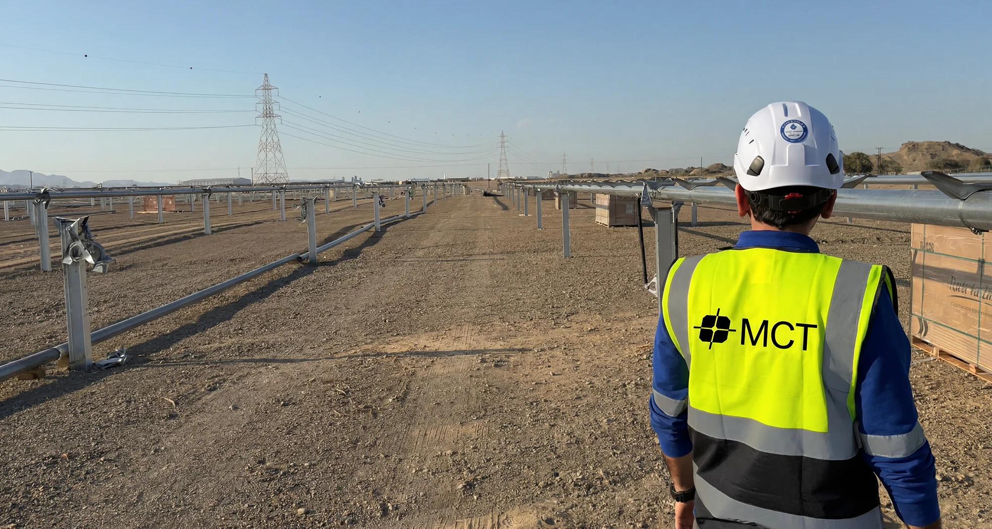 Mustakbal engineer walking along a solar farm under construction