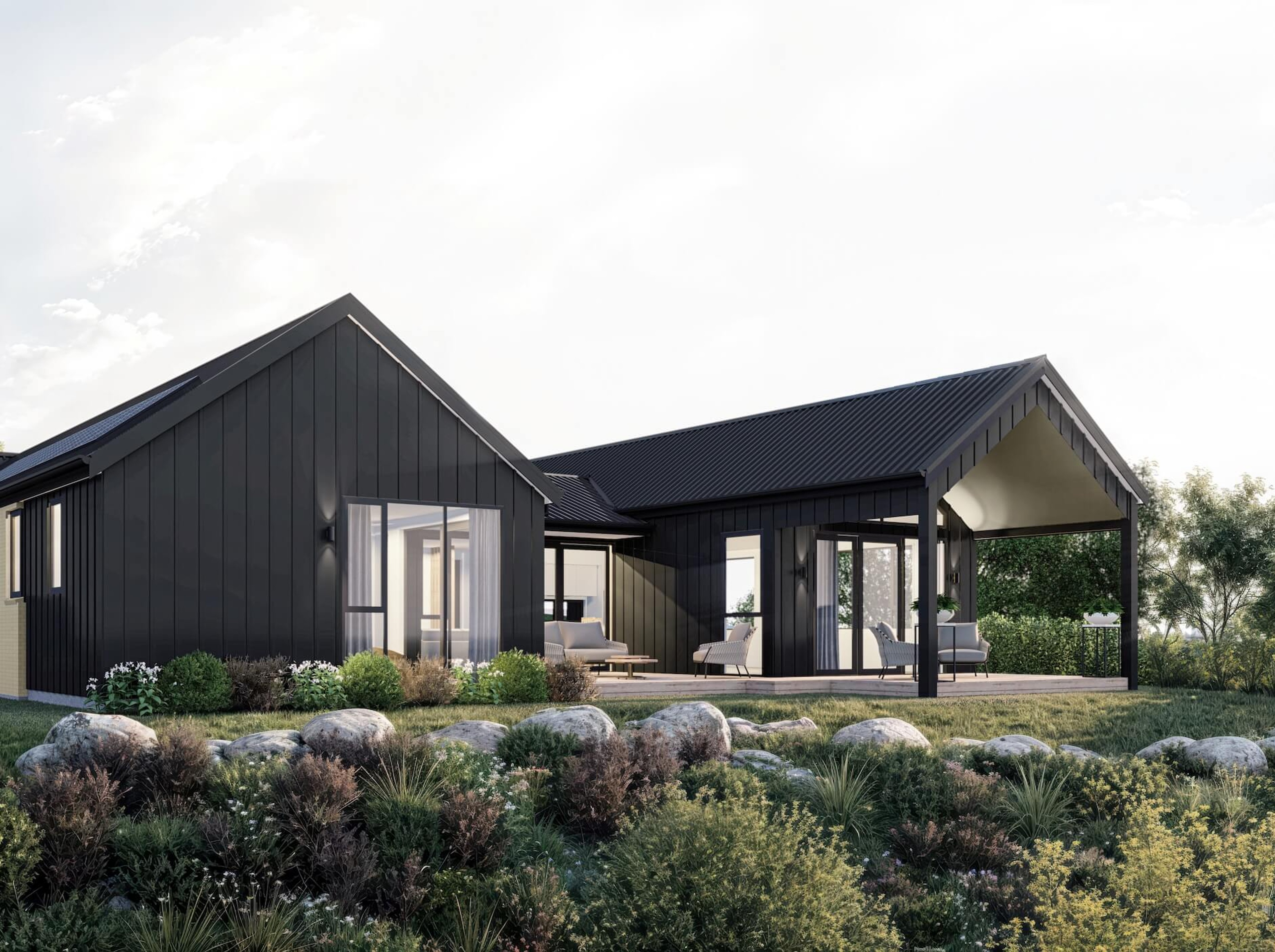 Render of black house surrounded by bushes
