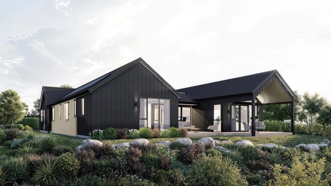 Render of black house surrounded by bushes