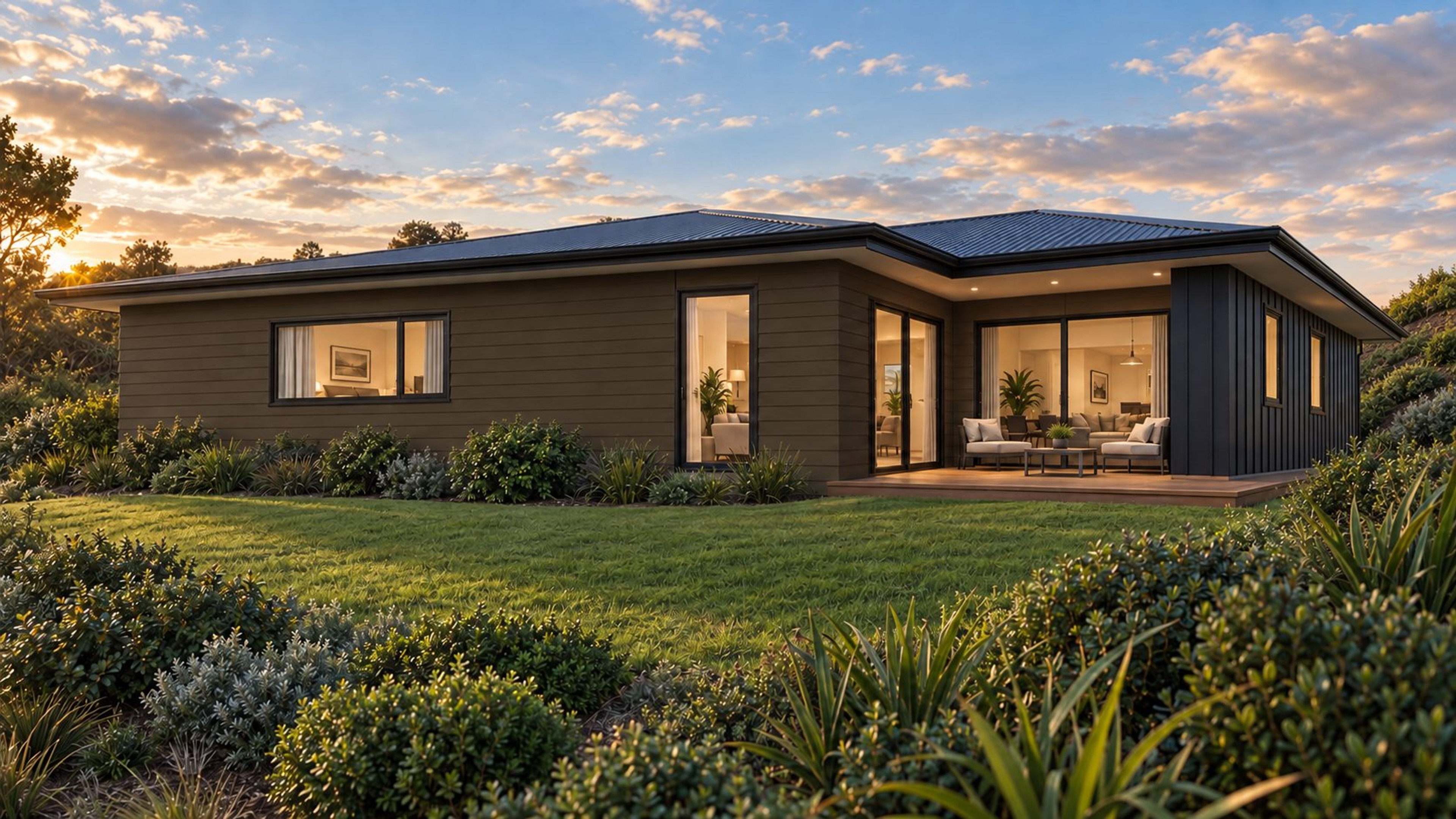 Render of a single-storey dark-clad home at Mangawhai Hills, Lot 9, opening onto a lawn at sunset