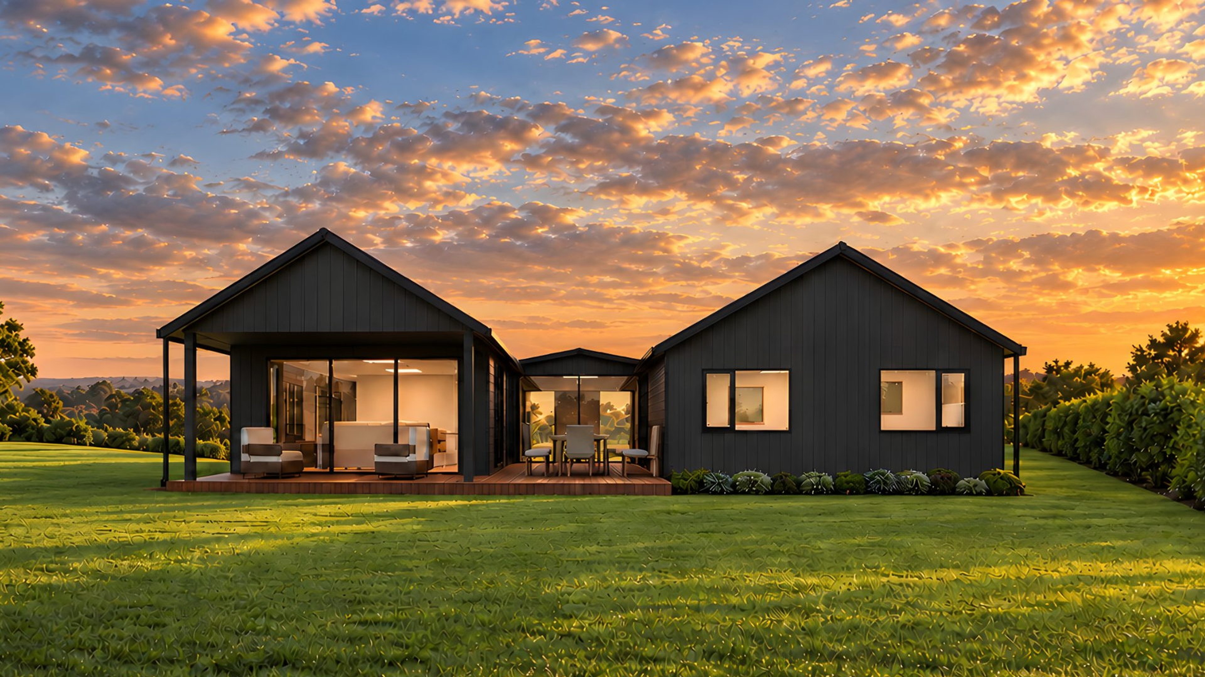 Render of a single-storey dark-clad home at Mangawhai Hills, Lot 12, viewed from the rear lawn at sunset