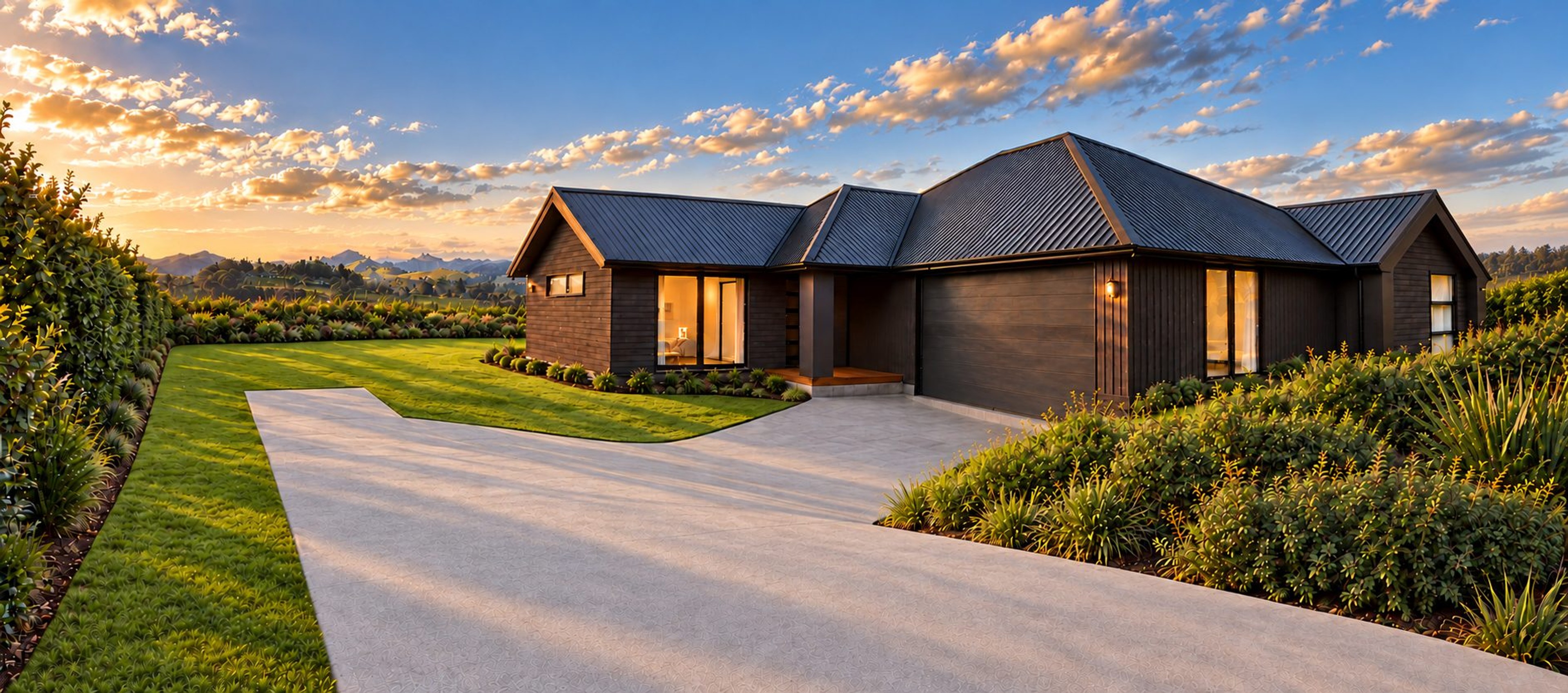 Render of a dark gabled home at Mangawhai Hills, Lot 53, with a curved driveway and native planting
