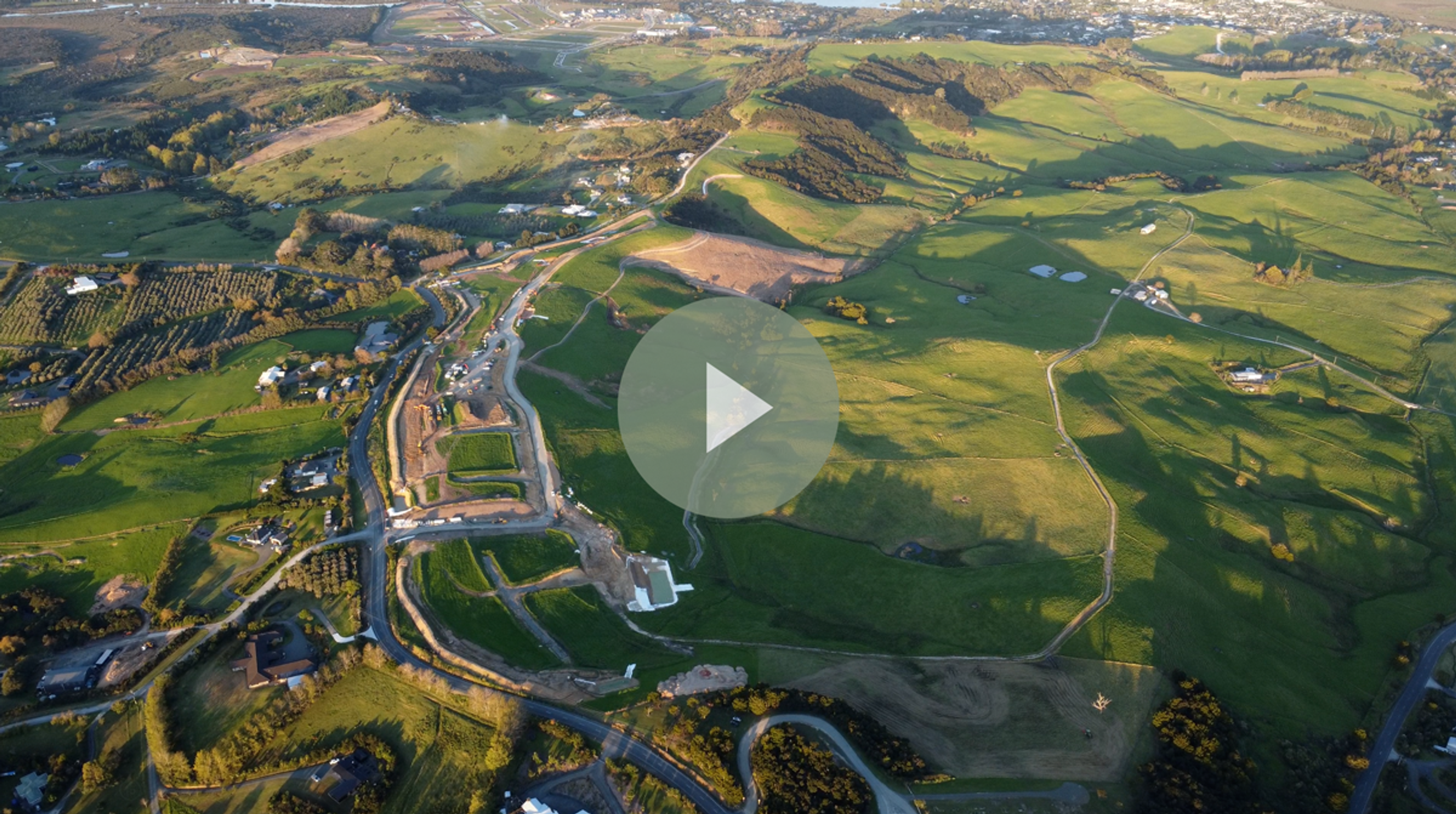 Aerial drone view over the Stage 1 earthworks and surrounding farmland at Mangawhai Hills