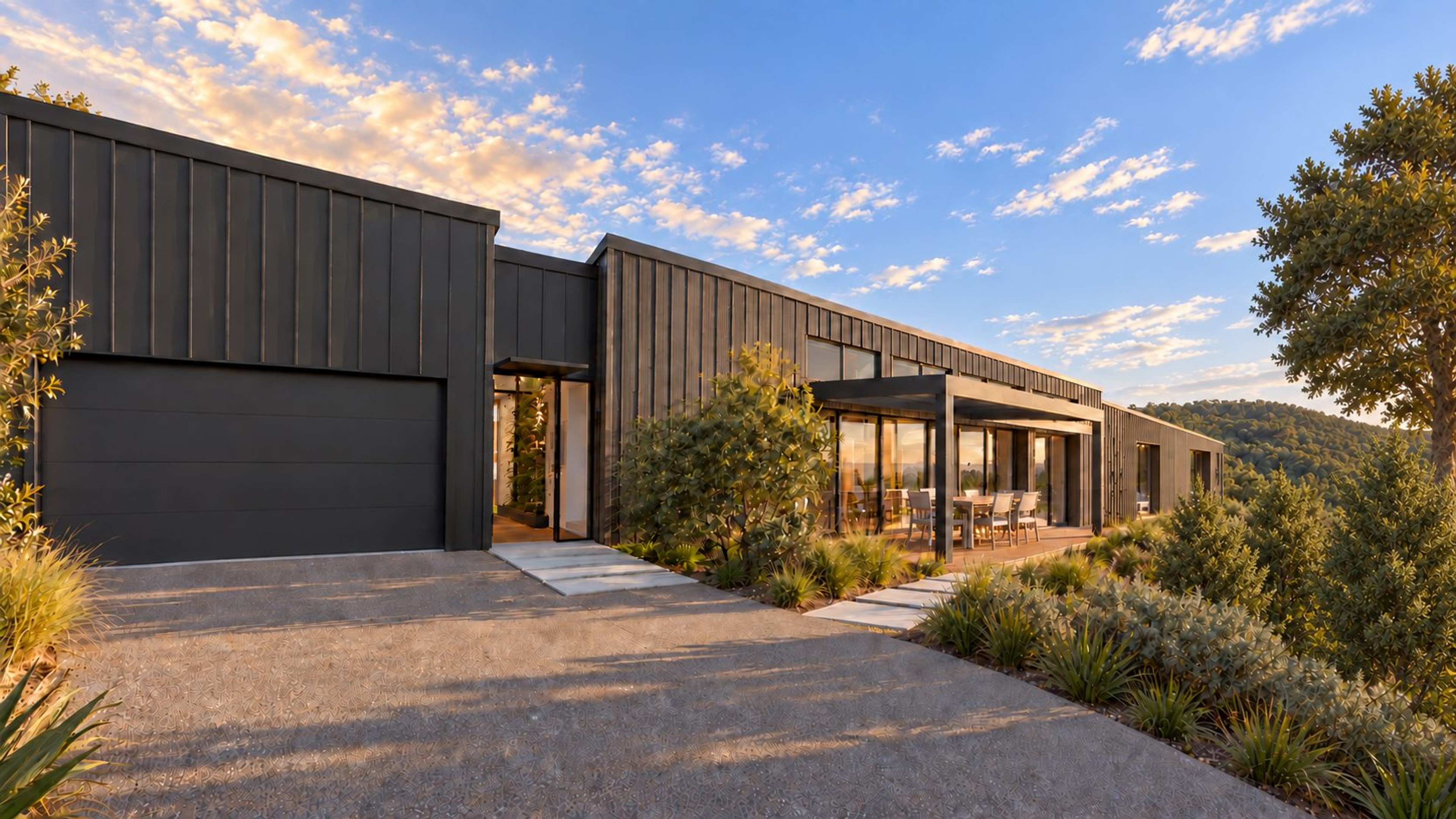 Render of a modern vertically clad home at Mangawhai Hills, Lot 57, with a covered deck overlooking bush-clad hills