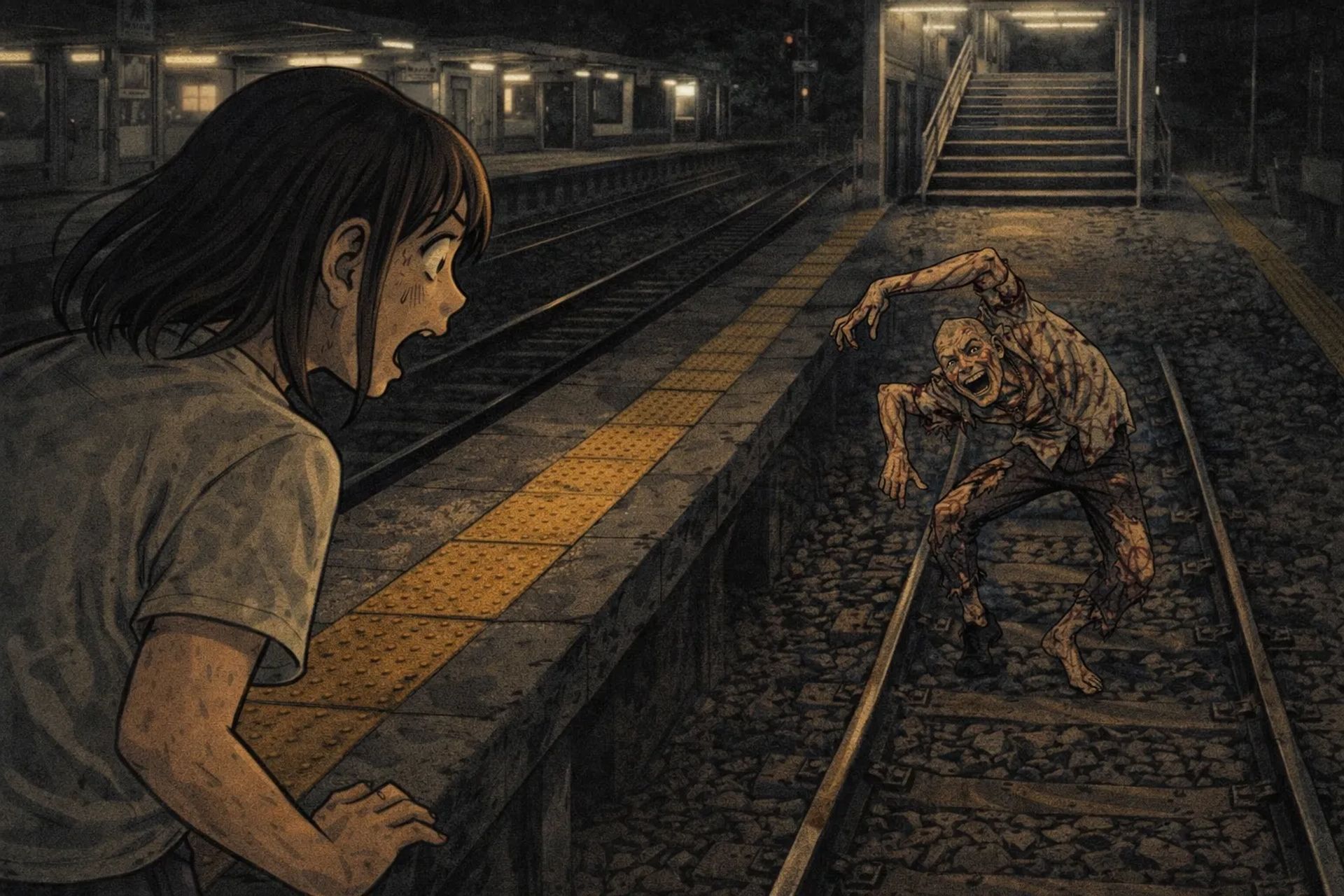 Japanese Ghost Story illustration "title: The Person Dancing on the Tracks"