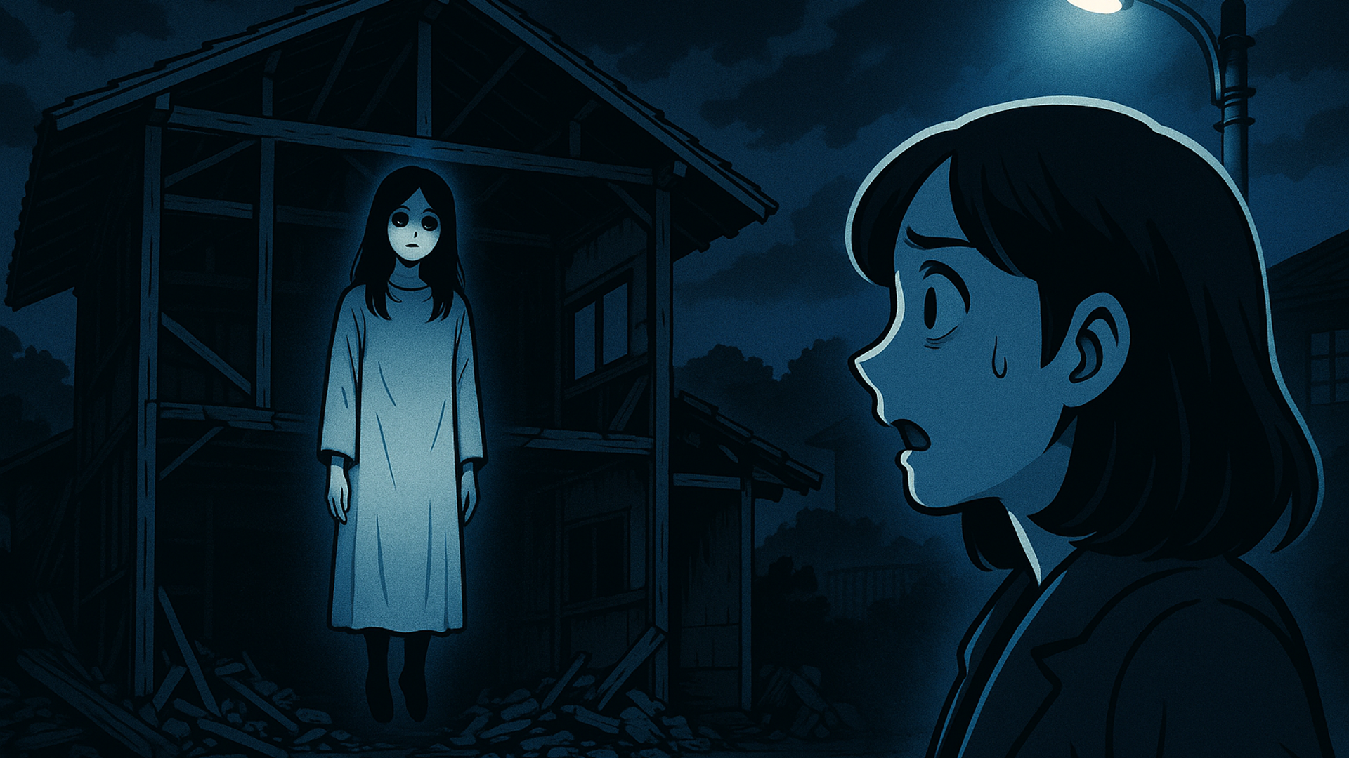 Japanese Ghost Story illustration "title: The Shadow in the Demolished House"