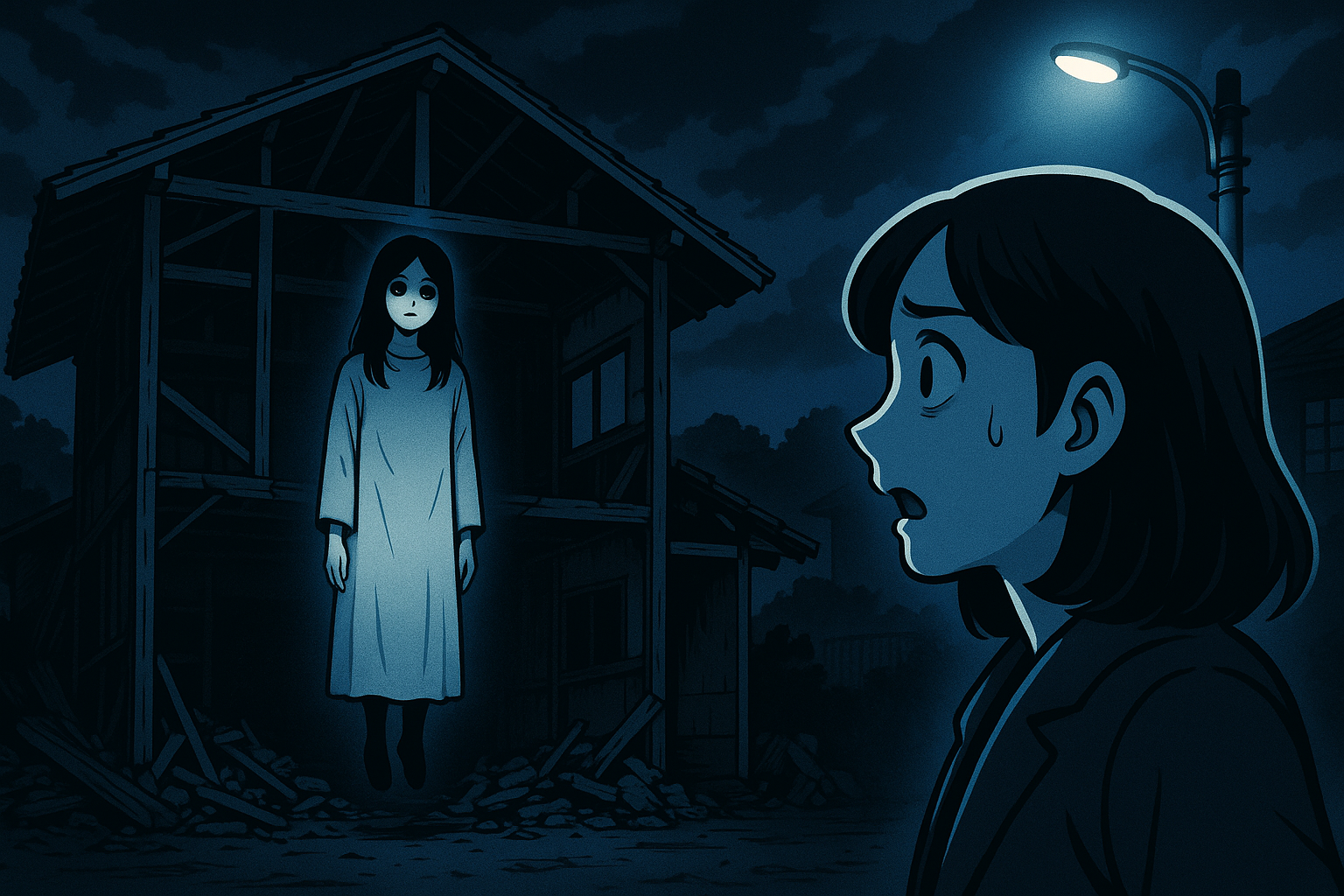 Japanese Ghost Story illustration "title: The Shadow in the Demolished House"