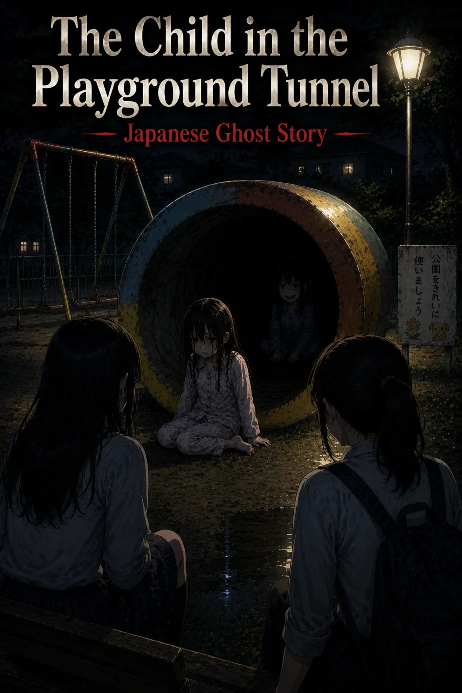 Japanese Ghost Story illustration "title: The Child in the Playground Tunnel"