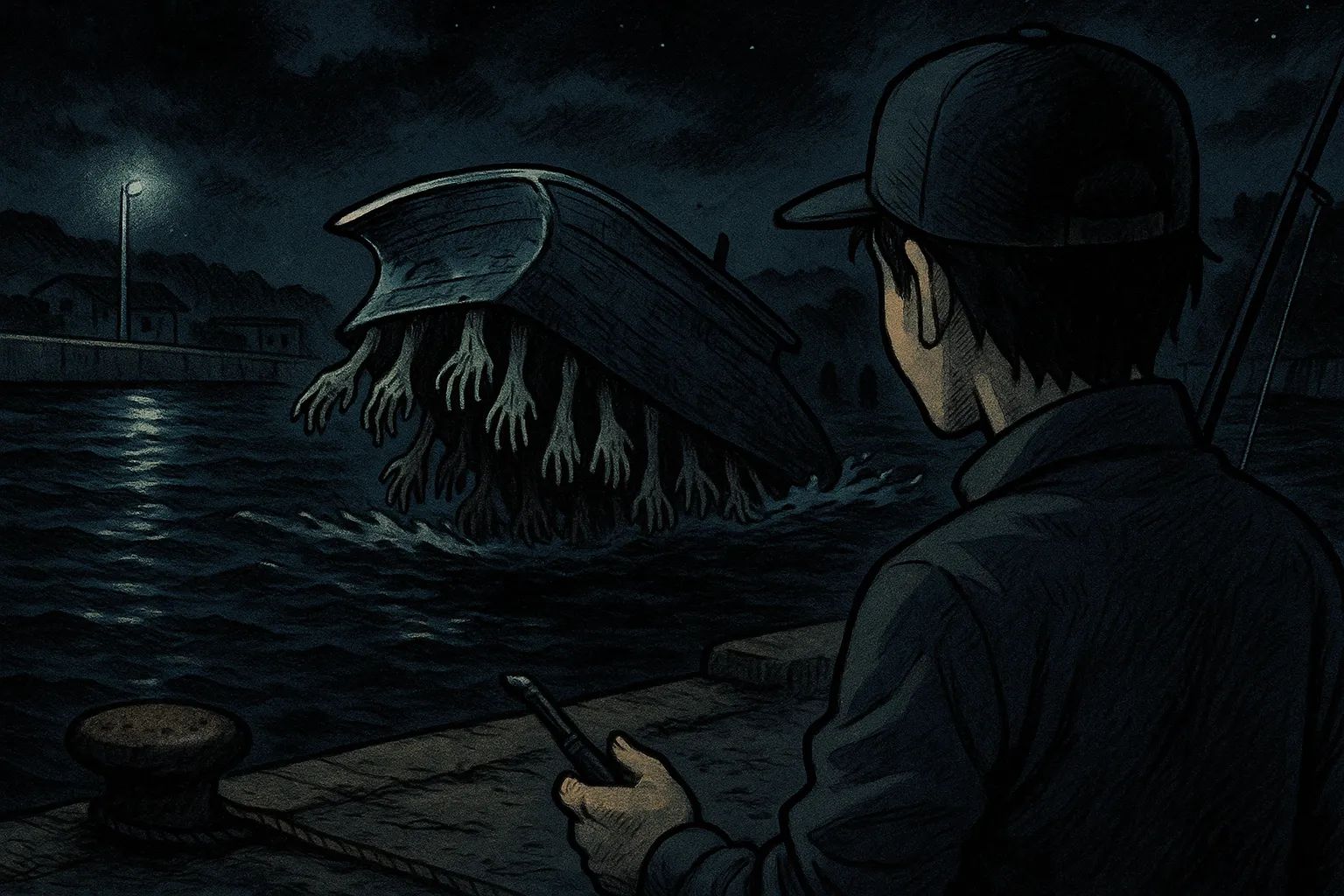 Japanese Ghost Story illustration "title: The Boat That Faced the Wrong Way"