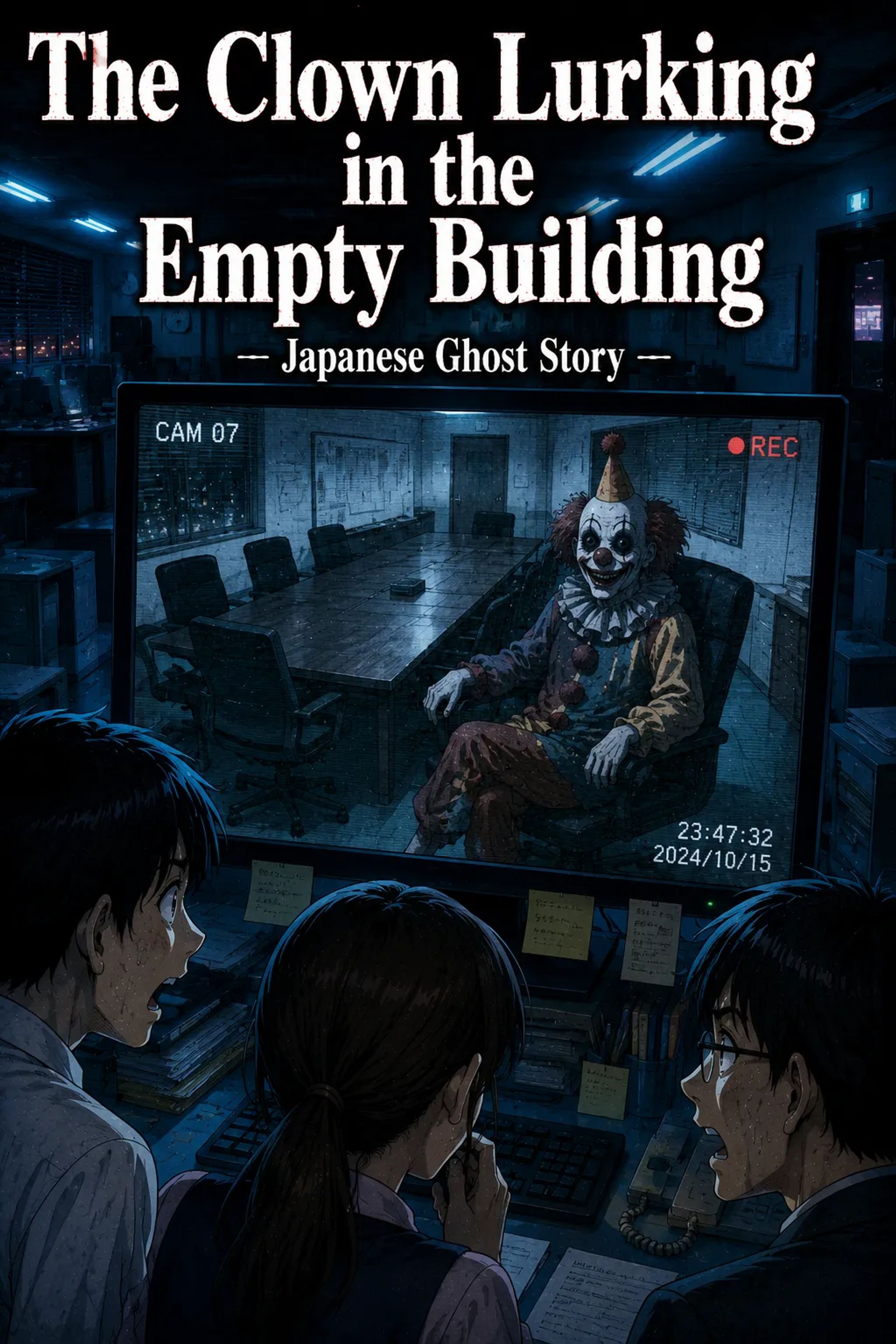 Japanese Ghost Story illustration "title: The Clown Lurking in the Empty Building"