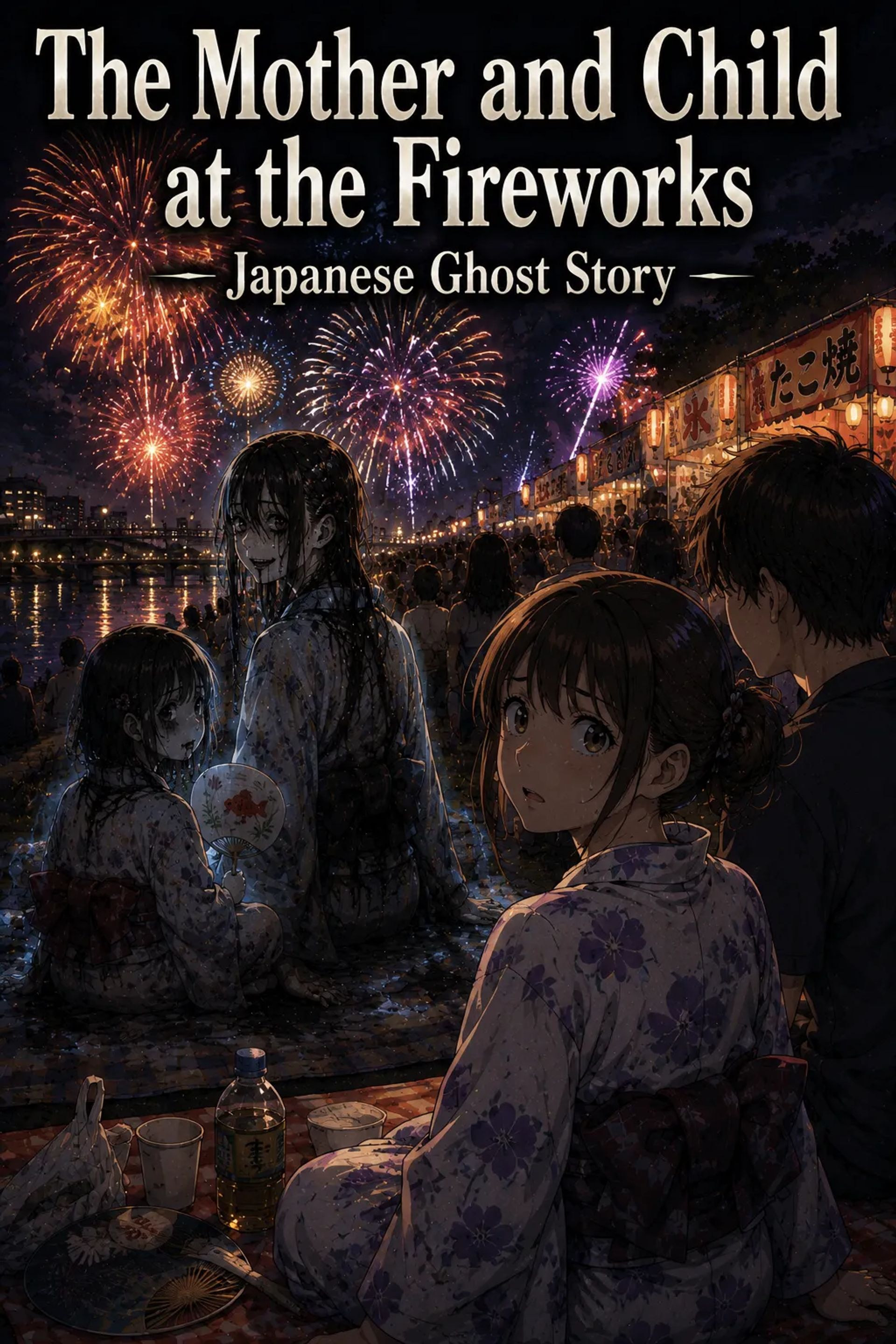 Japanese Ghost Story illustration "title: The Mother and Child at the Fireworks"
