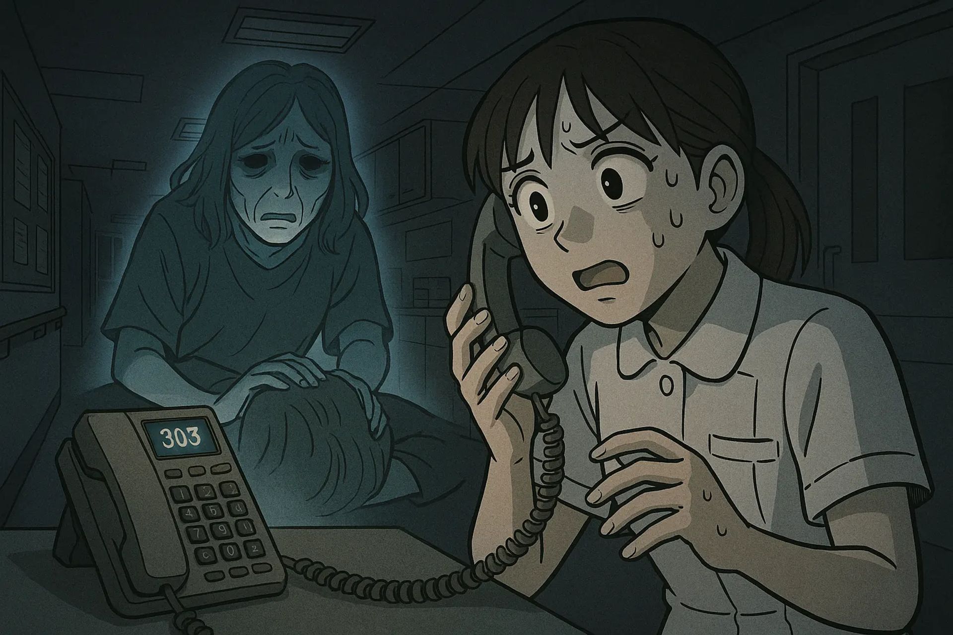 Japanese Ghost Story illustration "title: Midnight Nurse Call"