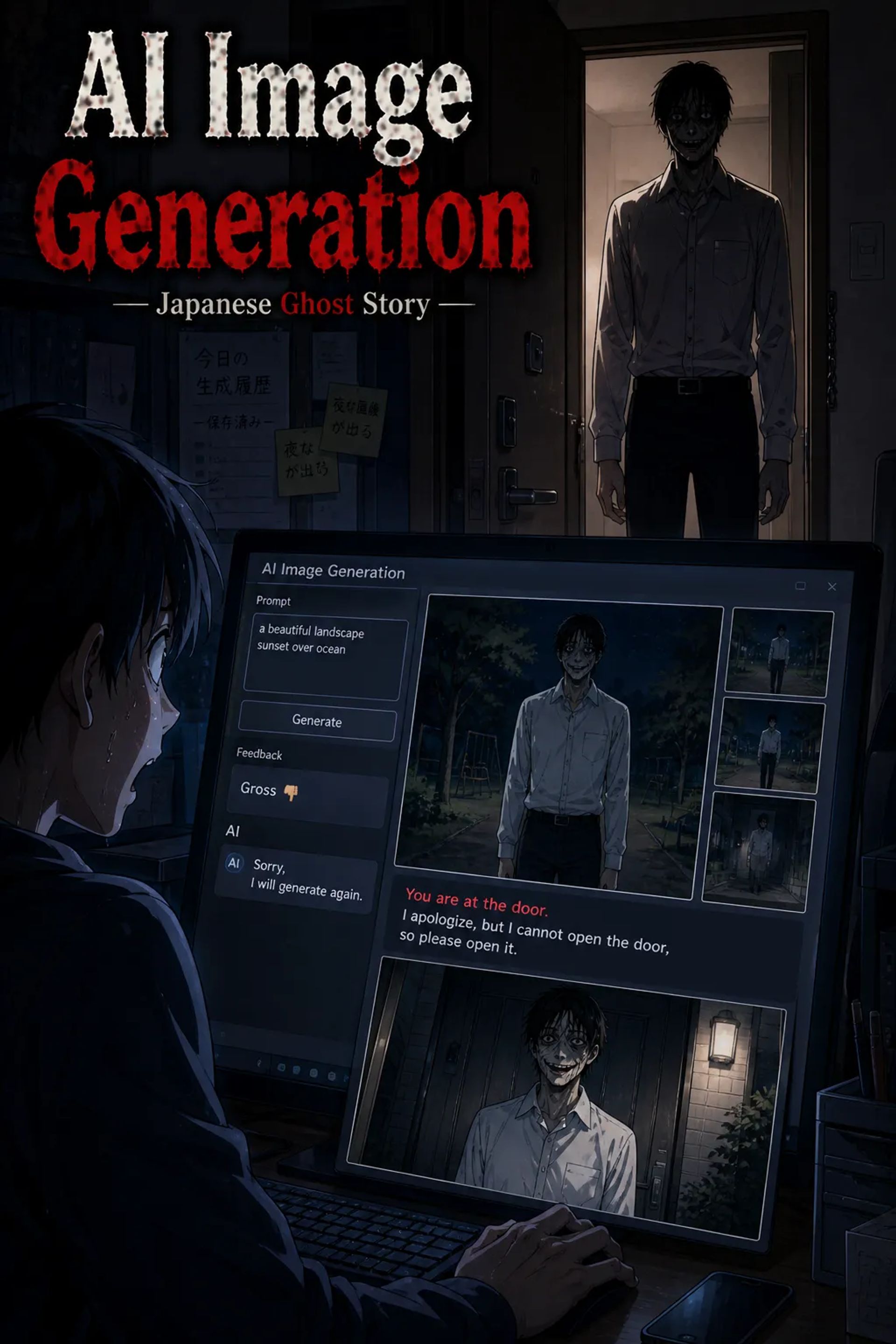 Japanese Ghost Story illustration "title: AI Image Generation"