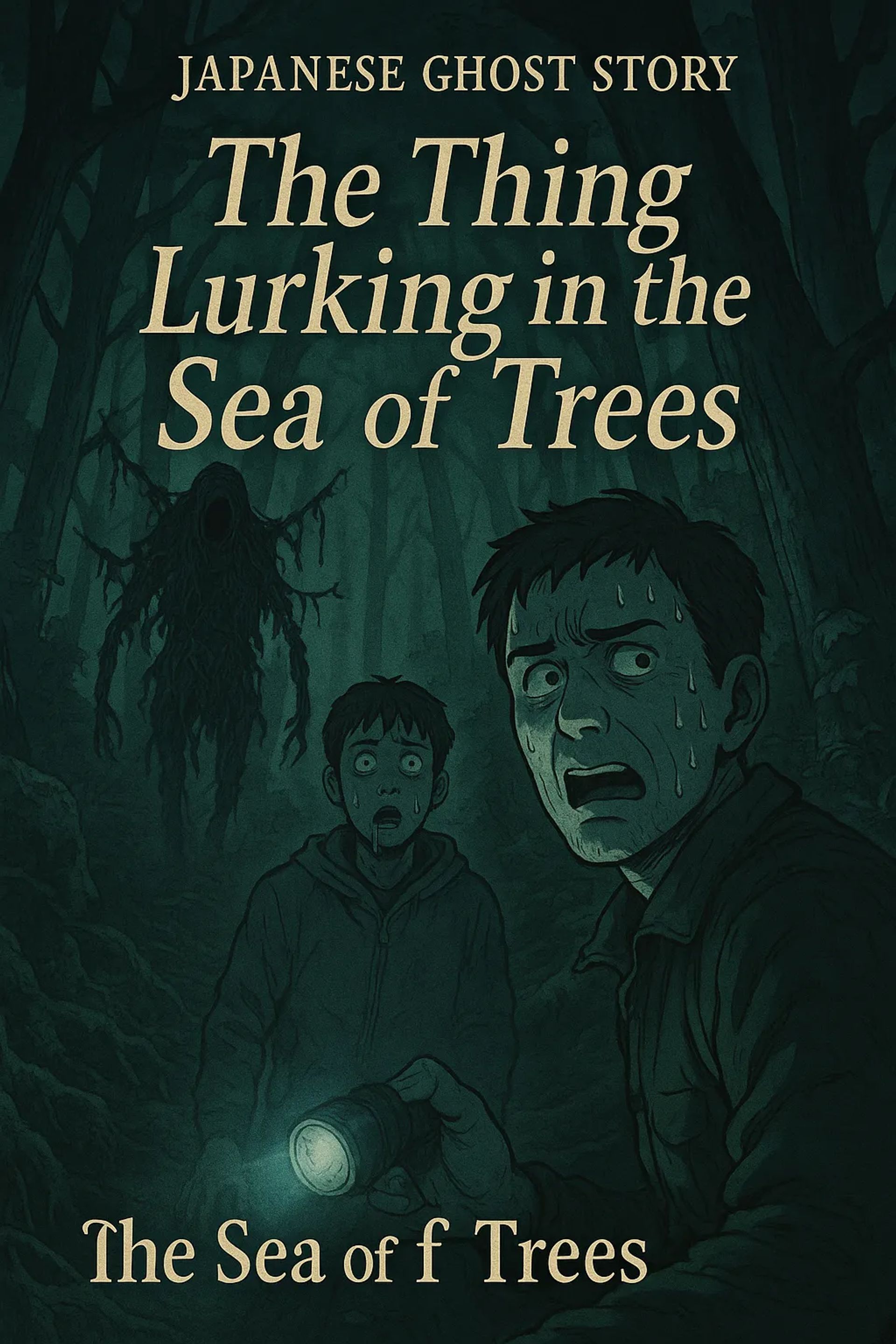 Japanese Ghost Story illustration "title: The Thing Lurking in the Sea of Trees"