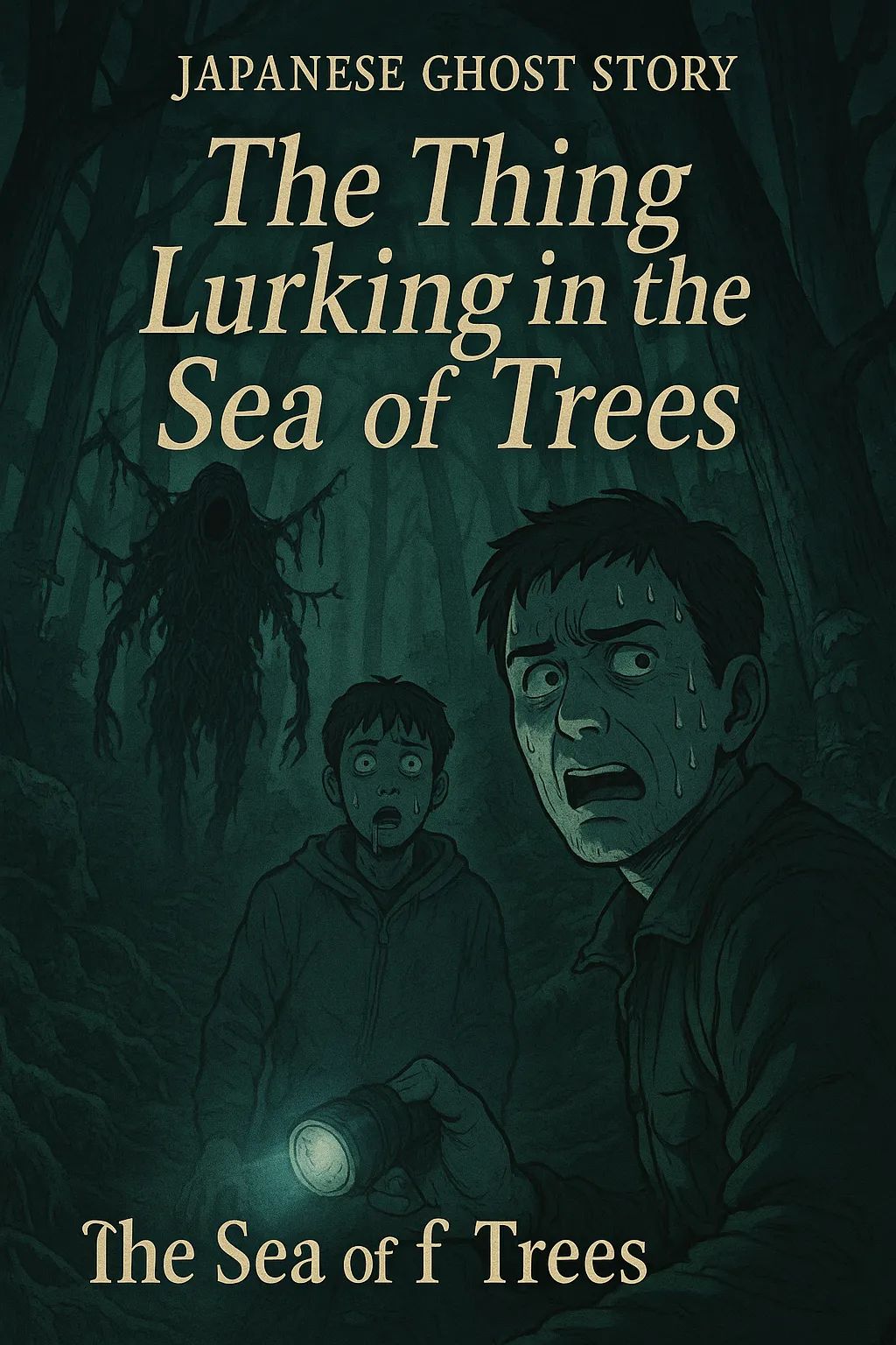 Japanese Ghost Story illustration "title: The Thing Lurking in the Sea of Trees"