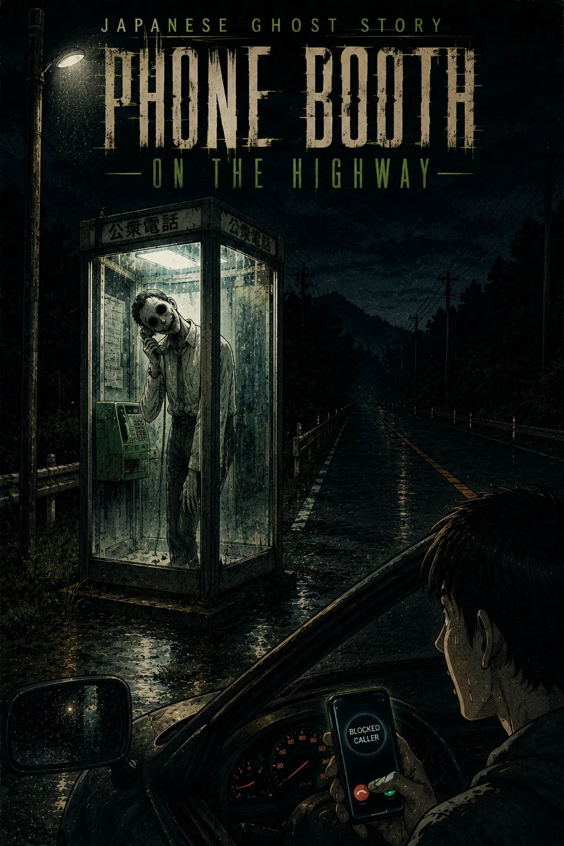 Japanese Ghost Story illustration "title: Phone Booth on the Highway"