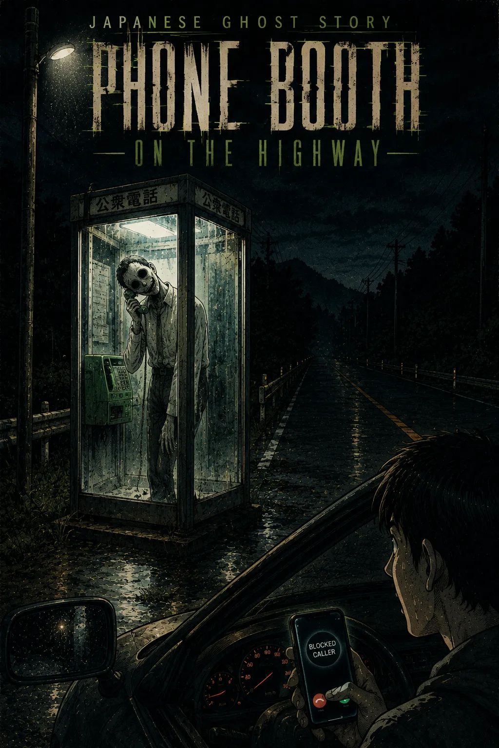 Japanese Ghost Story illustration "title: Phone Booth on the Highway"