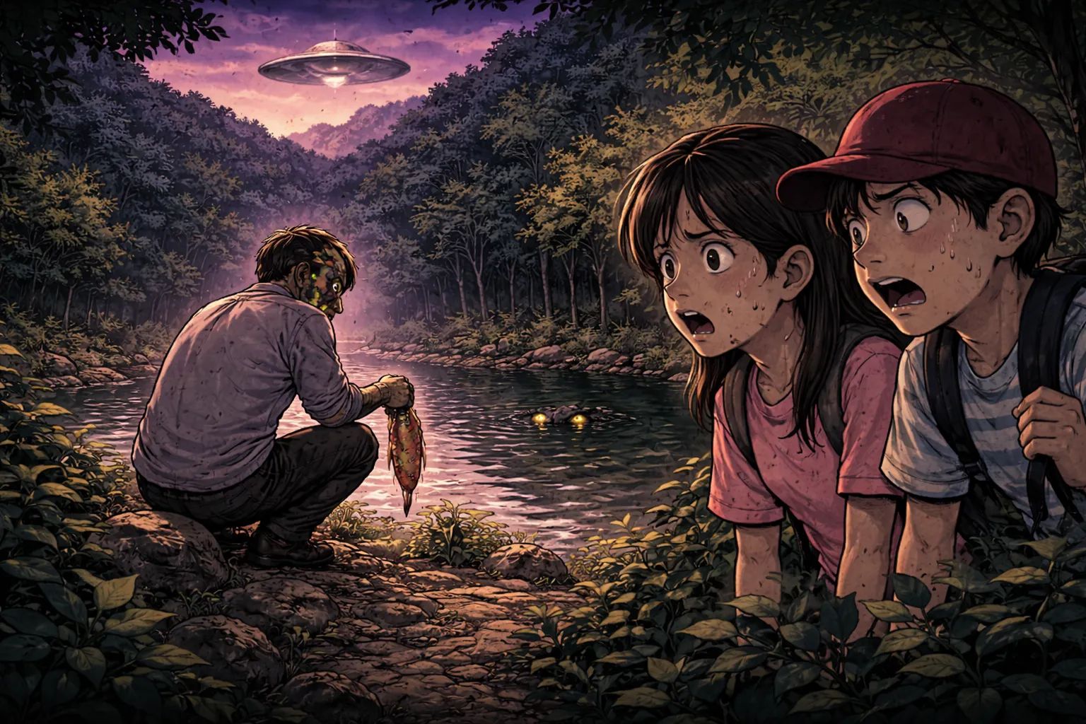 Japanese Ghost Story illustration "title: UFO in the Mountain Near My House"
