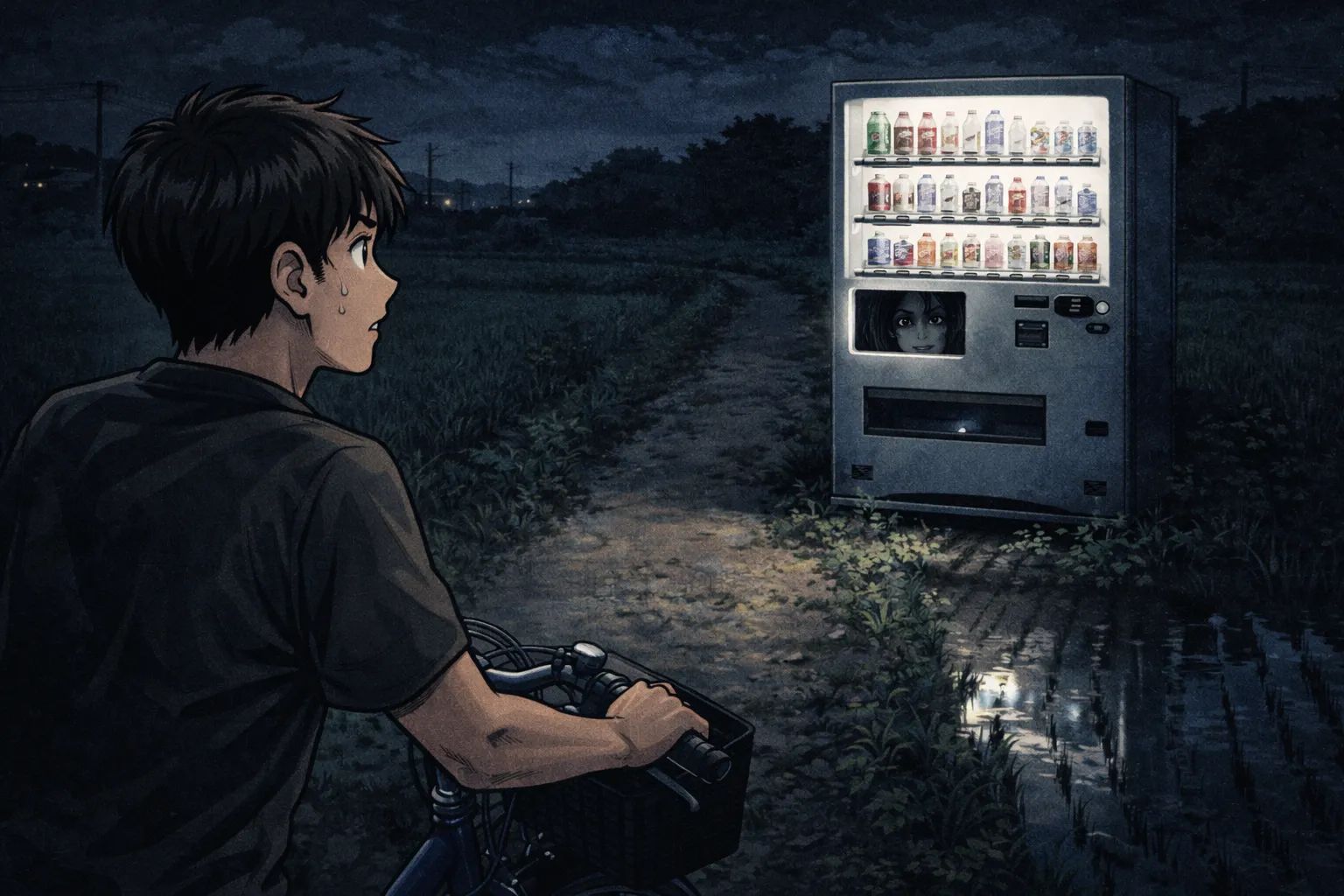 Japanese Ghost Story illustration "title: The Vending Machine Off the Road"