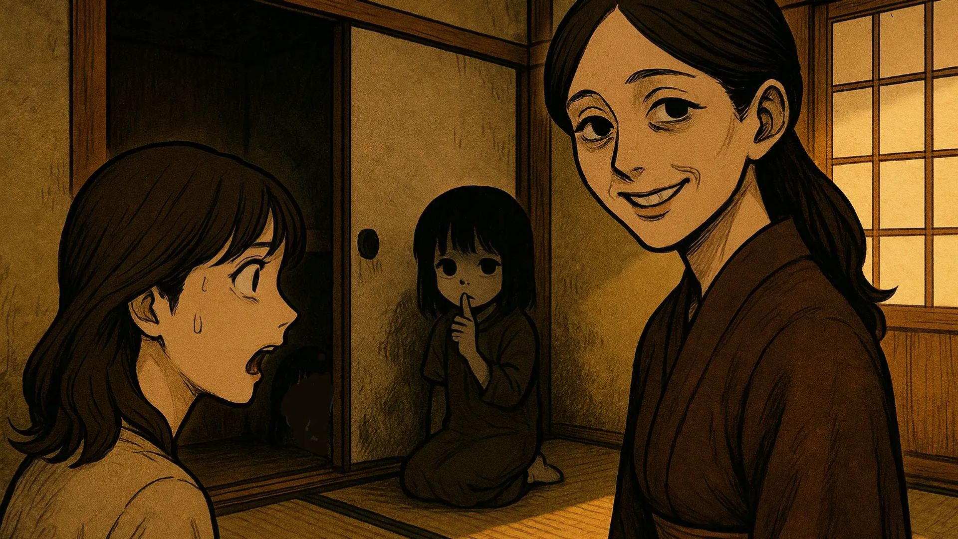 Japanese Ghost Story illustration "title: My Aunt Who Lost Herself"