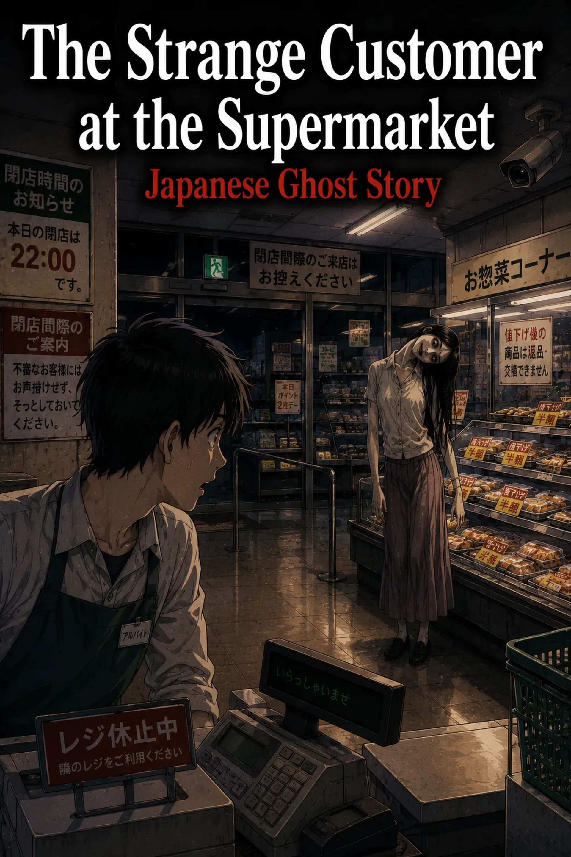 Japanese Ghost Story illustration "title: The Strange Customer at the Supermarket"