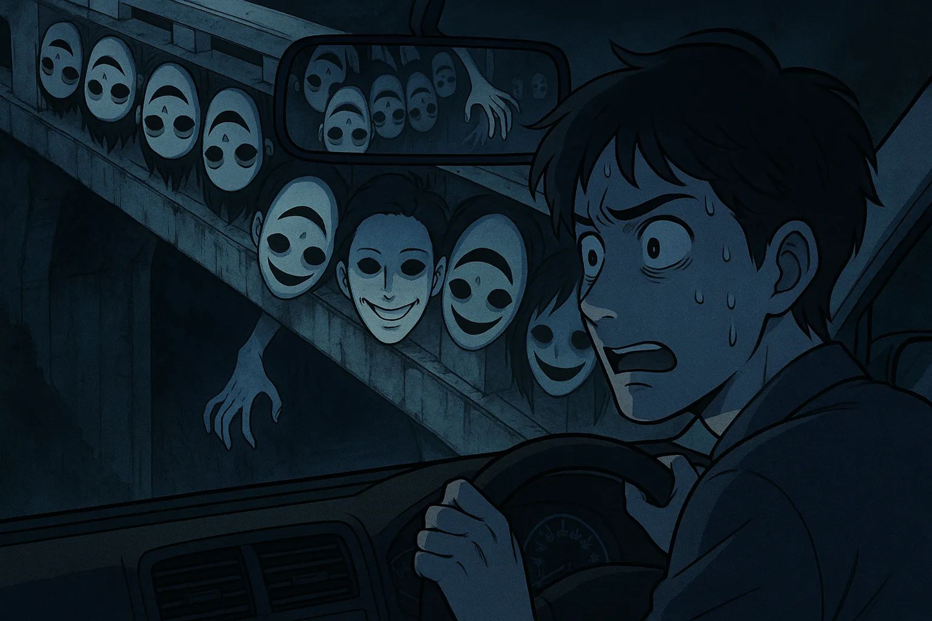 Japanese Ghost Story illustration "title: Outside the Railing"