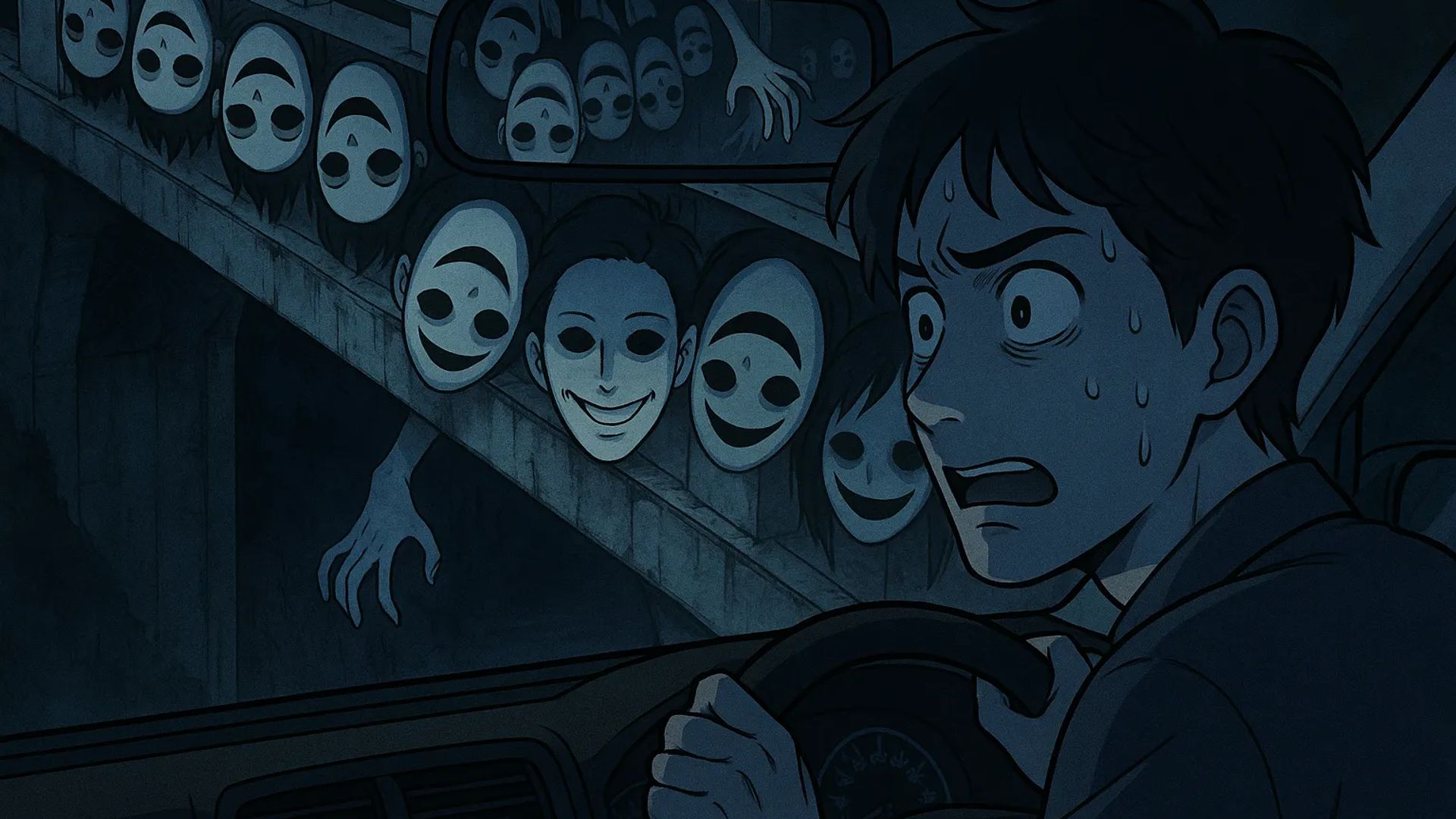 Japanese Ghost Story illustration "title: Outside the Railing"