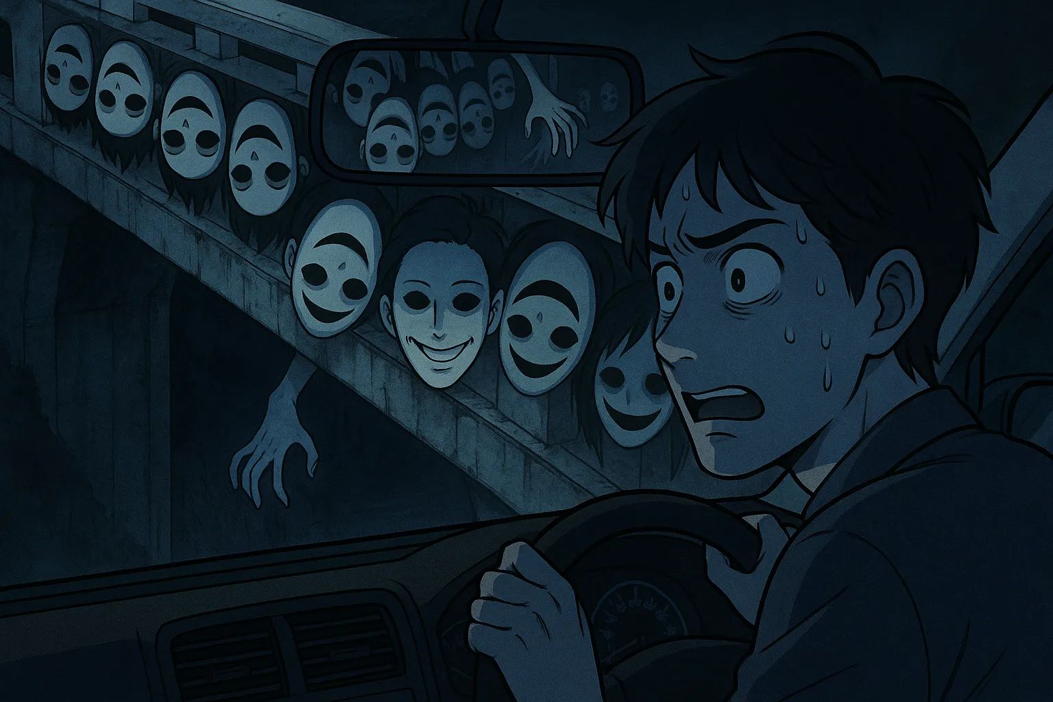 Japanese Ghost Story illustration "title: Outside the Railing"