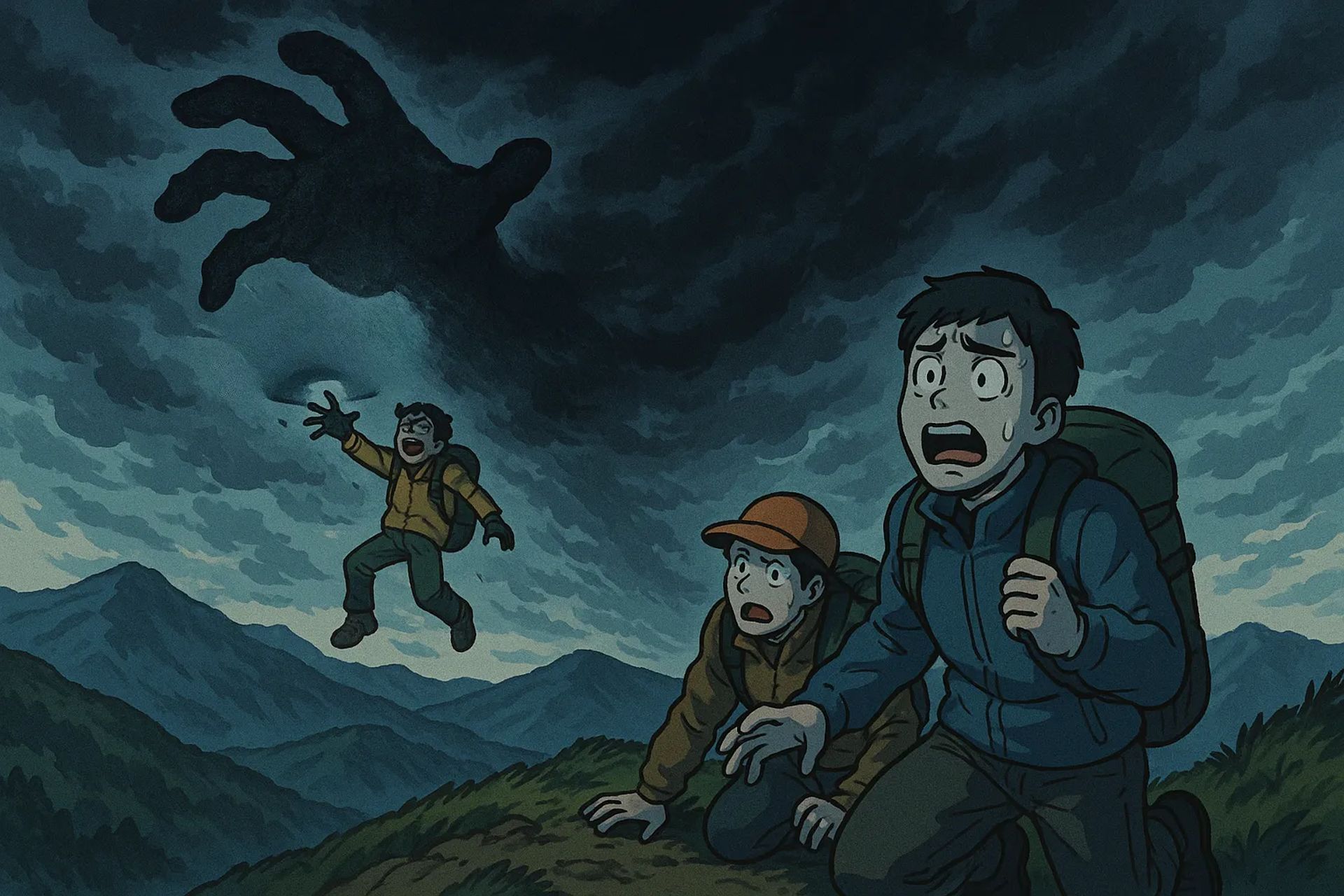 Japanese Ghost Story illustration "title: The Hand on the Ridgeline"
