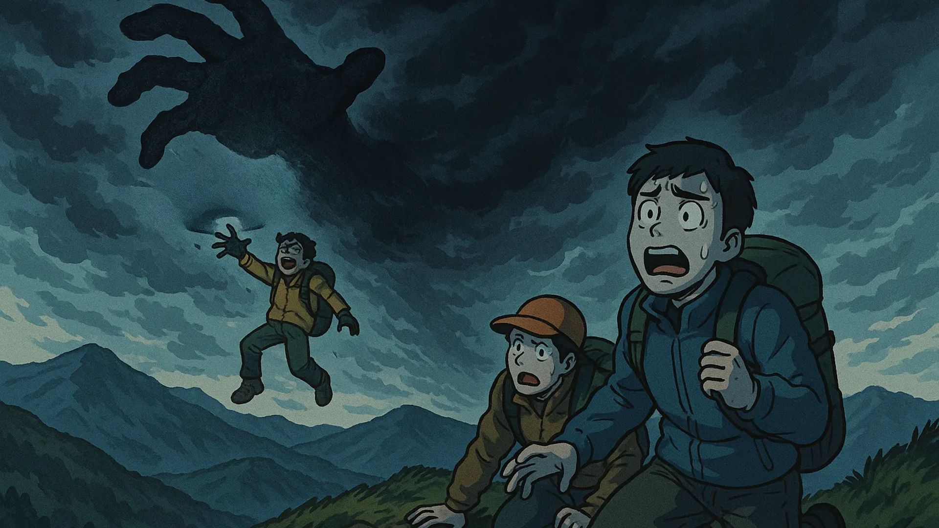 Japanese Ghost Story illustration "title: The Hand on the Ridgeline"