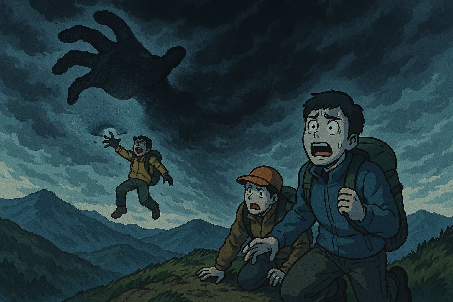 Japanese Ghost Story illustration "title: The Hand on the Ridgeline"