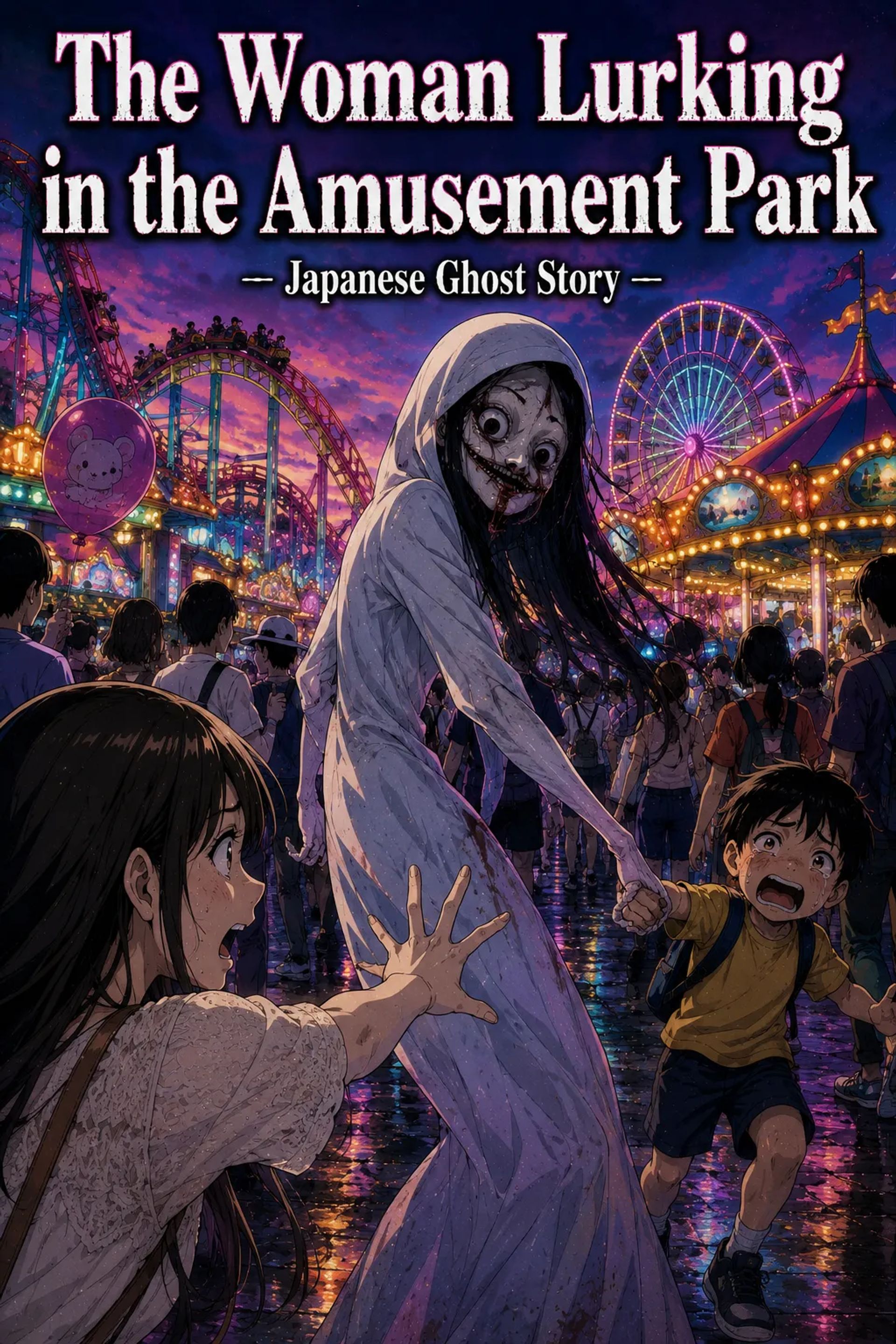 Japanese Ghost Story illustration "title: The Woman Lurking in the Amusement Park"