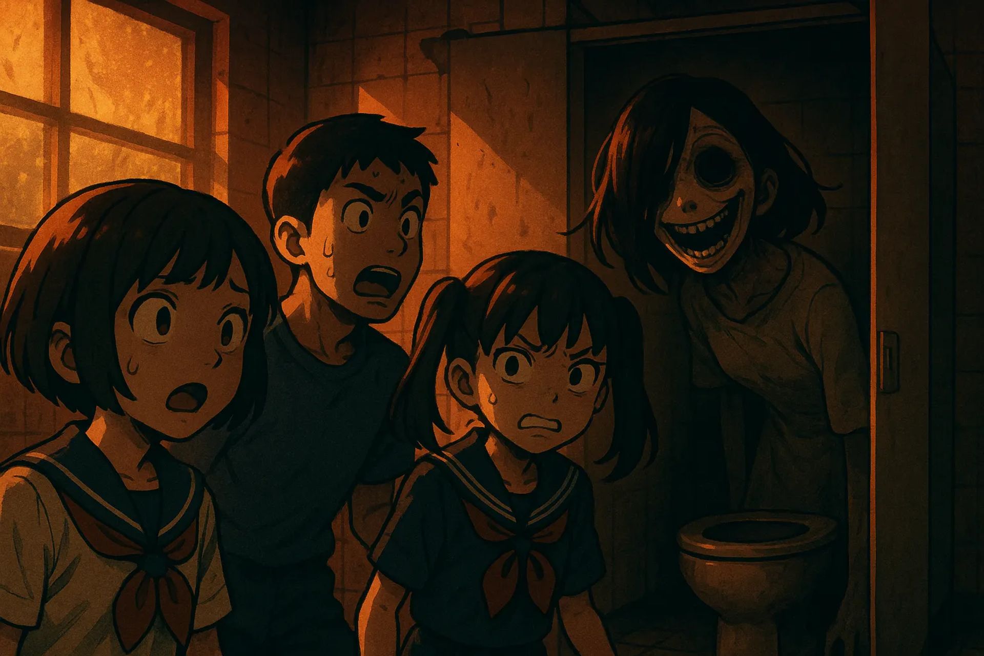 Japanese Ghost Story illustration "title: Twilight Restroom"