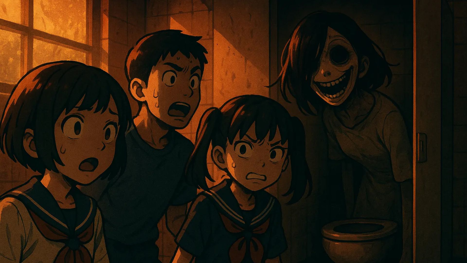 Japanese Ghost Story illustration "title: Twilight Restroom"