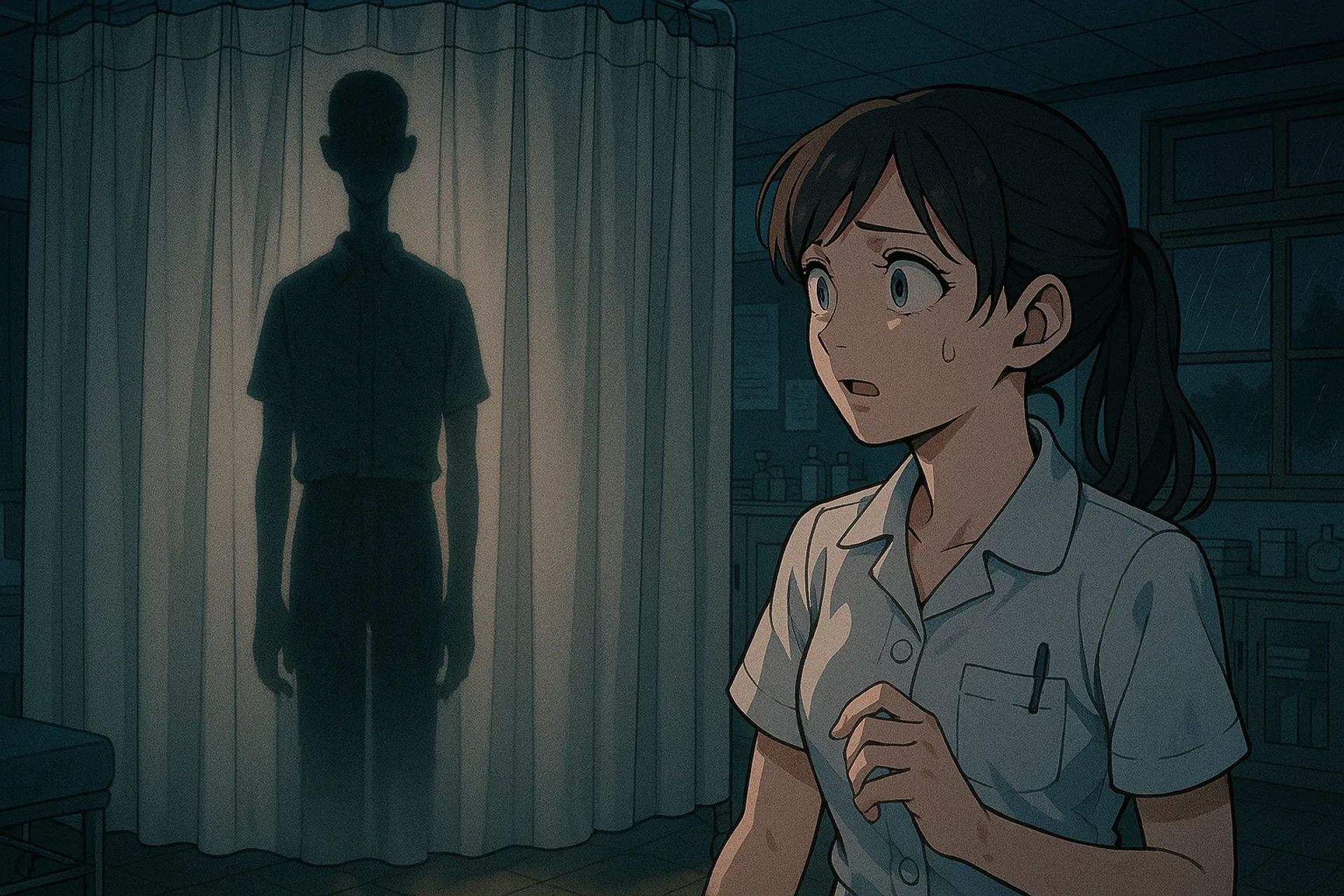 Japanese Ghost Story illustration "title: The Curtain in the School Infirmary"