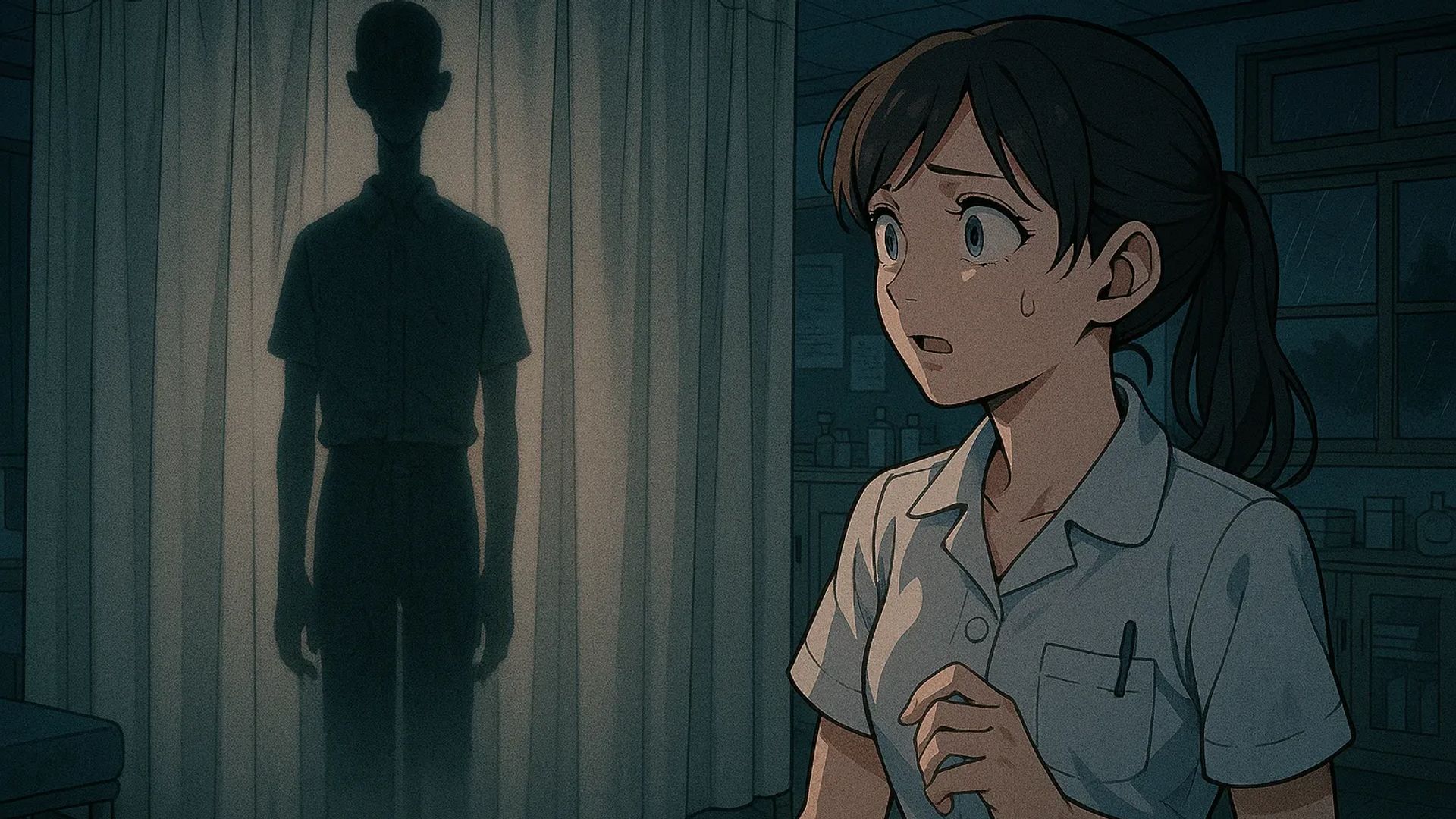 Japanese Ghost Story illustration "title: The Curtain in the School Infirmary"