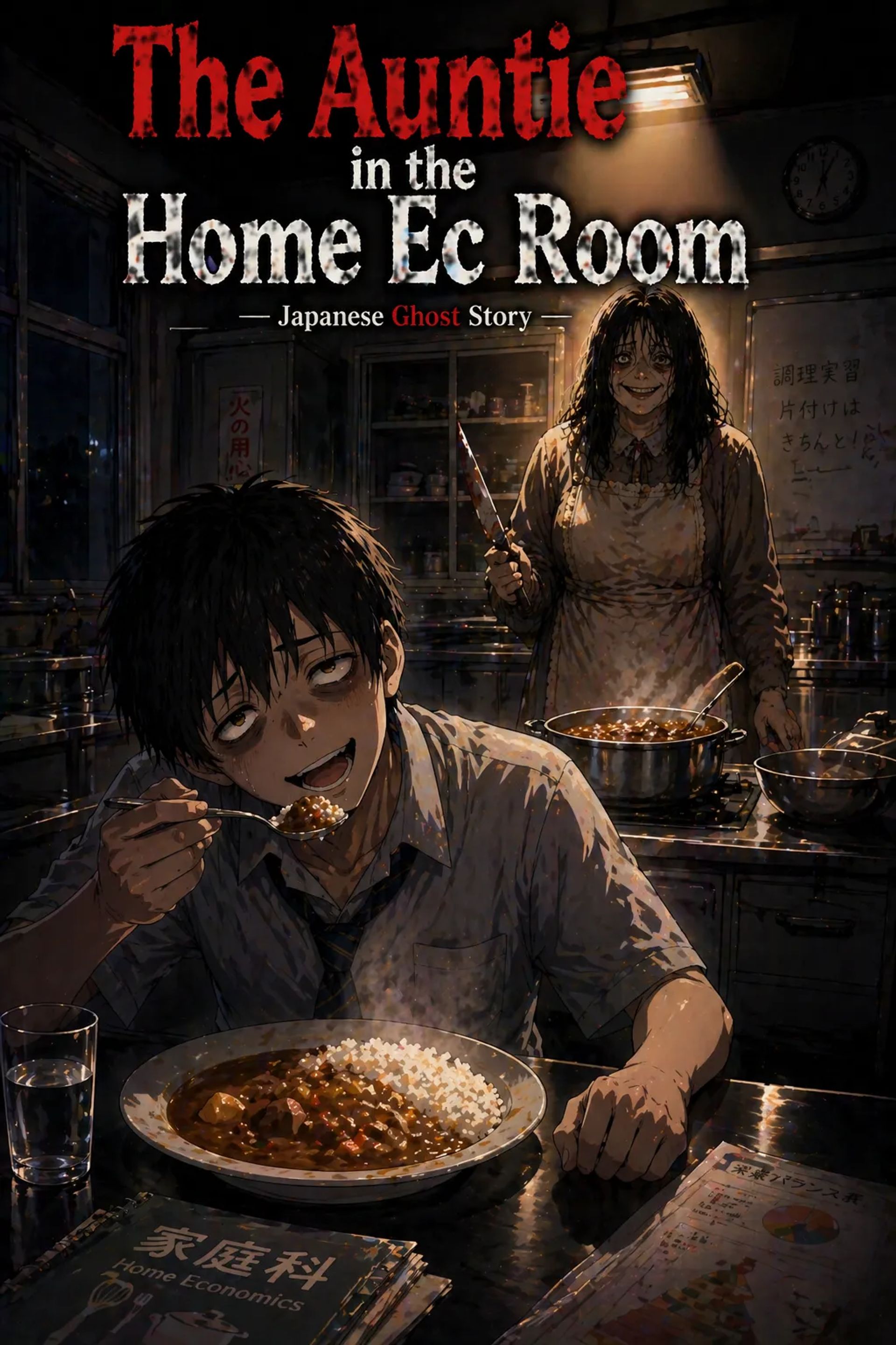 Japanese Ghost Story illustration "title: The Auntie in the Home Ec Room"