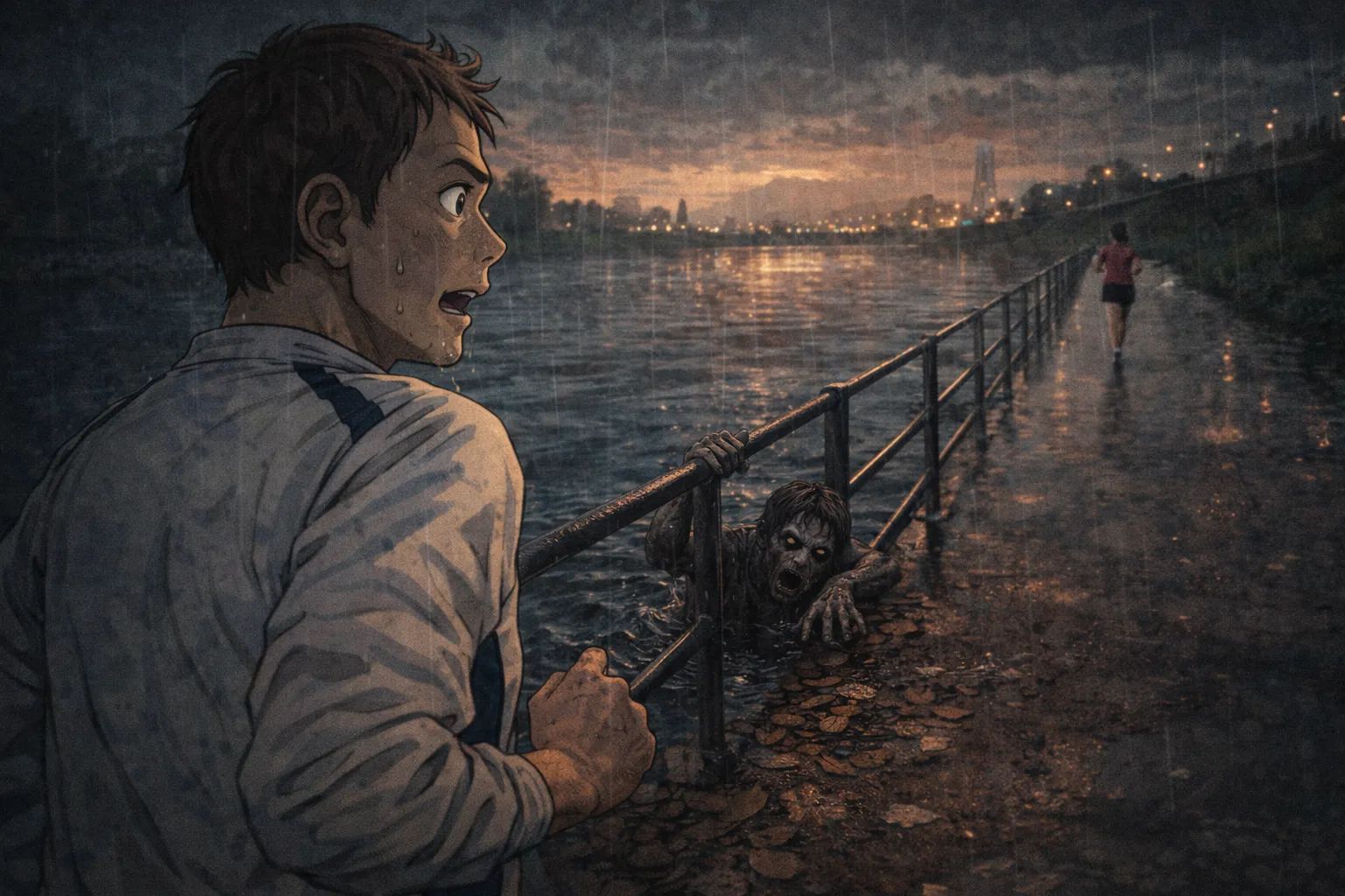 Japanese Ghost Story illustration "title: Riverbank Jogging"