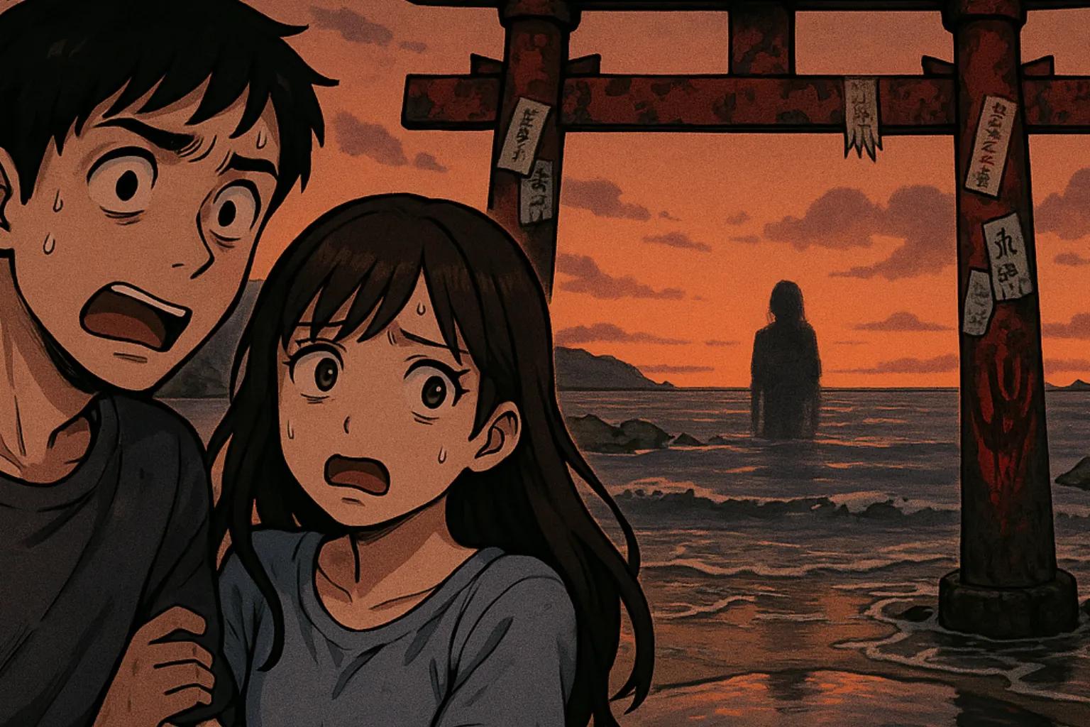 Japanese Ghost Story illustration "title: 沈んだ鳥居"