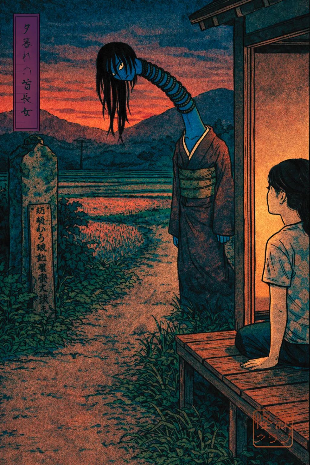 Japanese Ghost Story illustration "title: The Long-Necked Woman at Dusk"