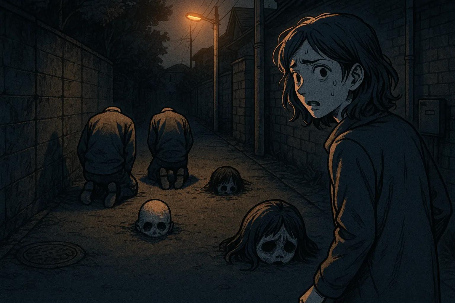 Japanese Ghost Story illustration "title: しゃがむ人たち"