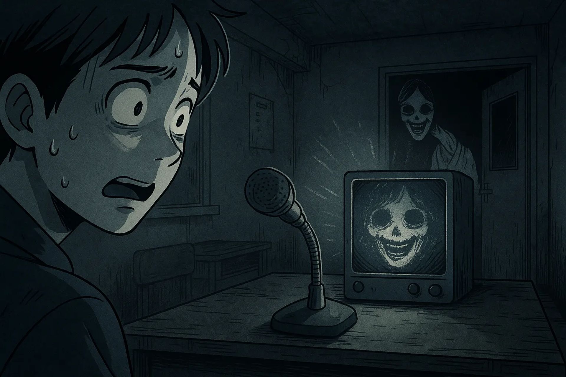Japanese Ghost Story illustration "title: The Haunted School's Broadcast Room"