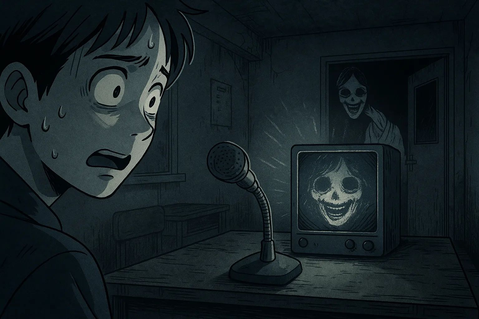 Japanese Ghost Story illustration "title: The Haunted School's Broadcast Room"