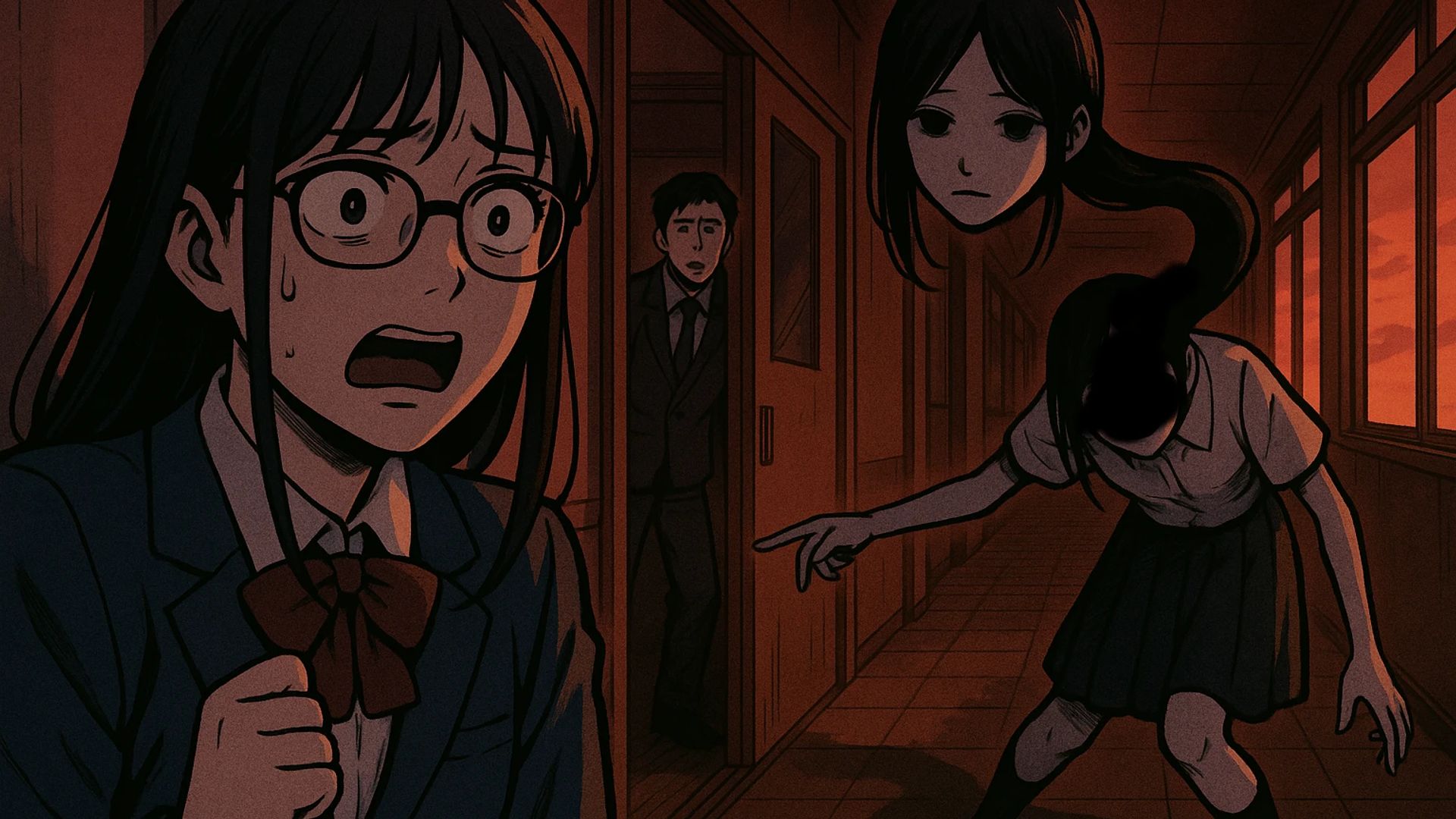 Japanese Ghost Story illustration "title: The Student in the Hallway"