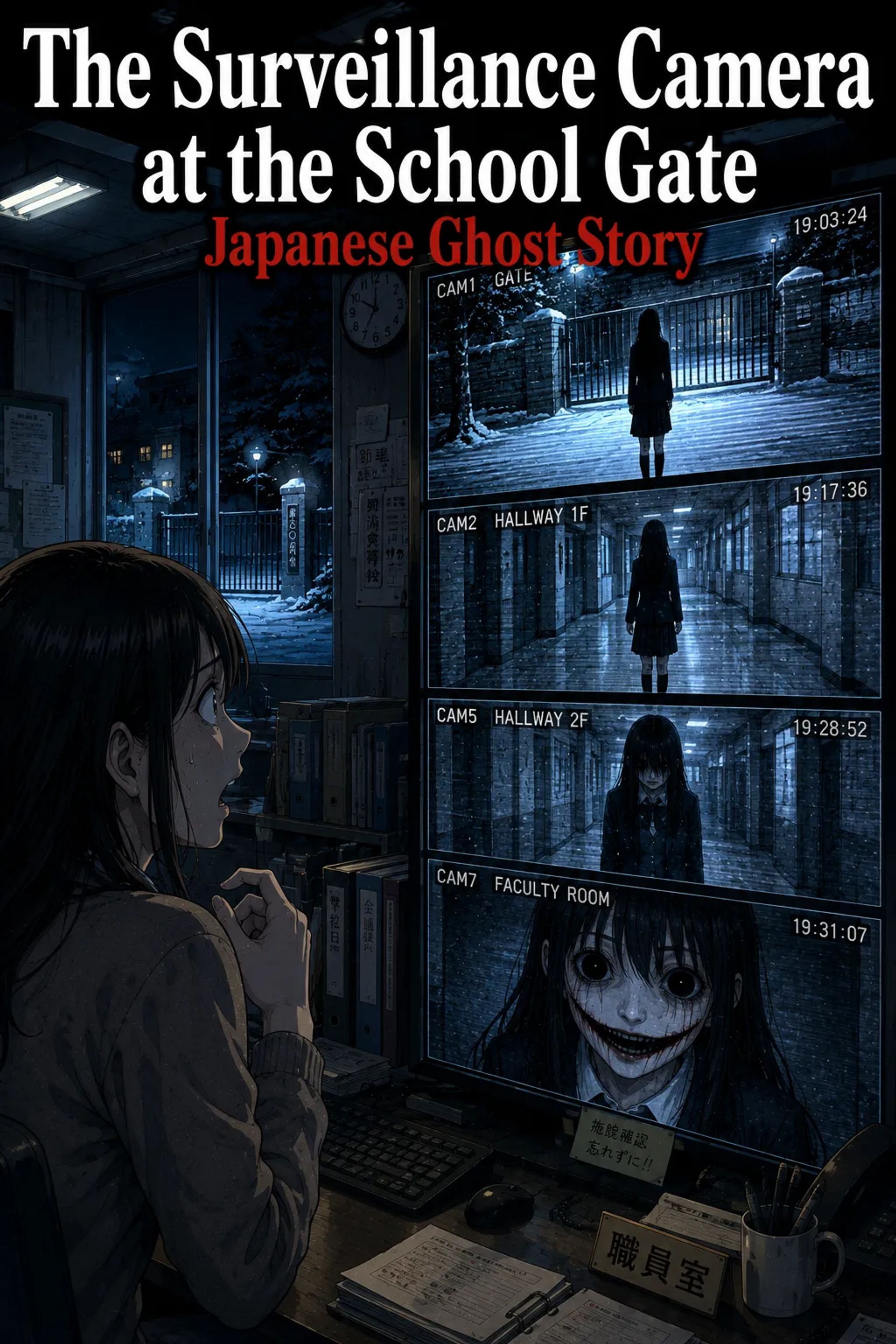 Japanese Ghost Story illustration "title: The Surveillance Camera at the School Gate"