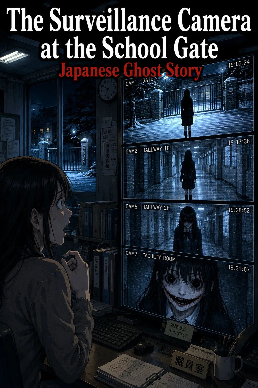 Japanese Ghost Story illustration "title: The Surveillance Camera at the School Gate"
