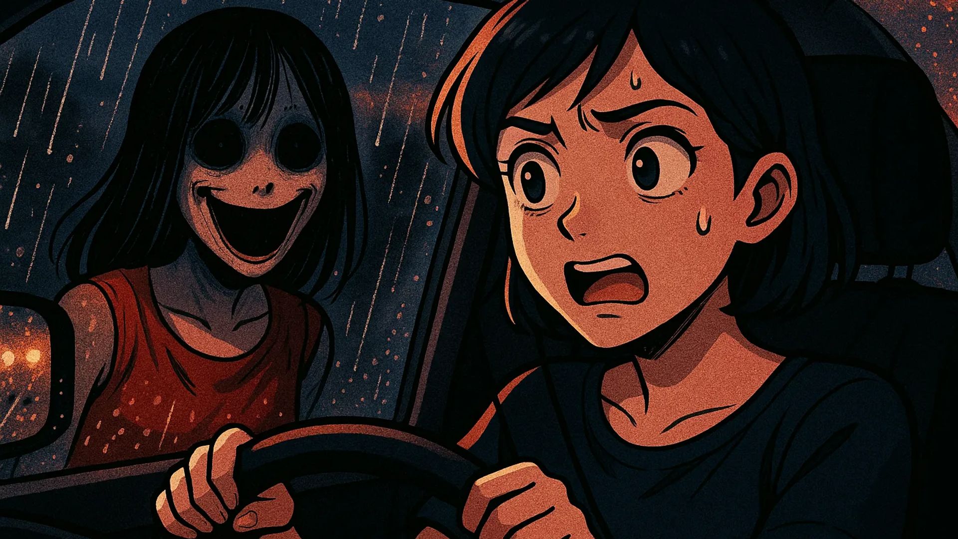 Japanese Ghost Story illustration "title: The Woman at the Bus Stop"