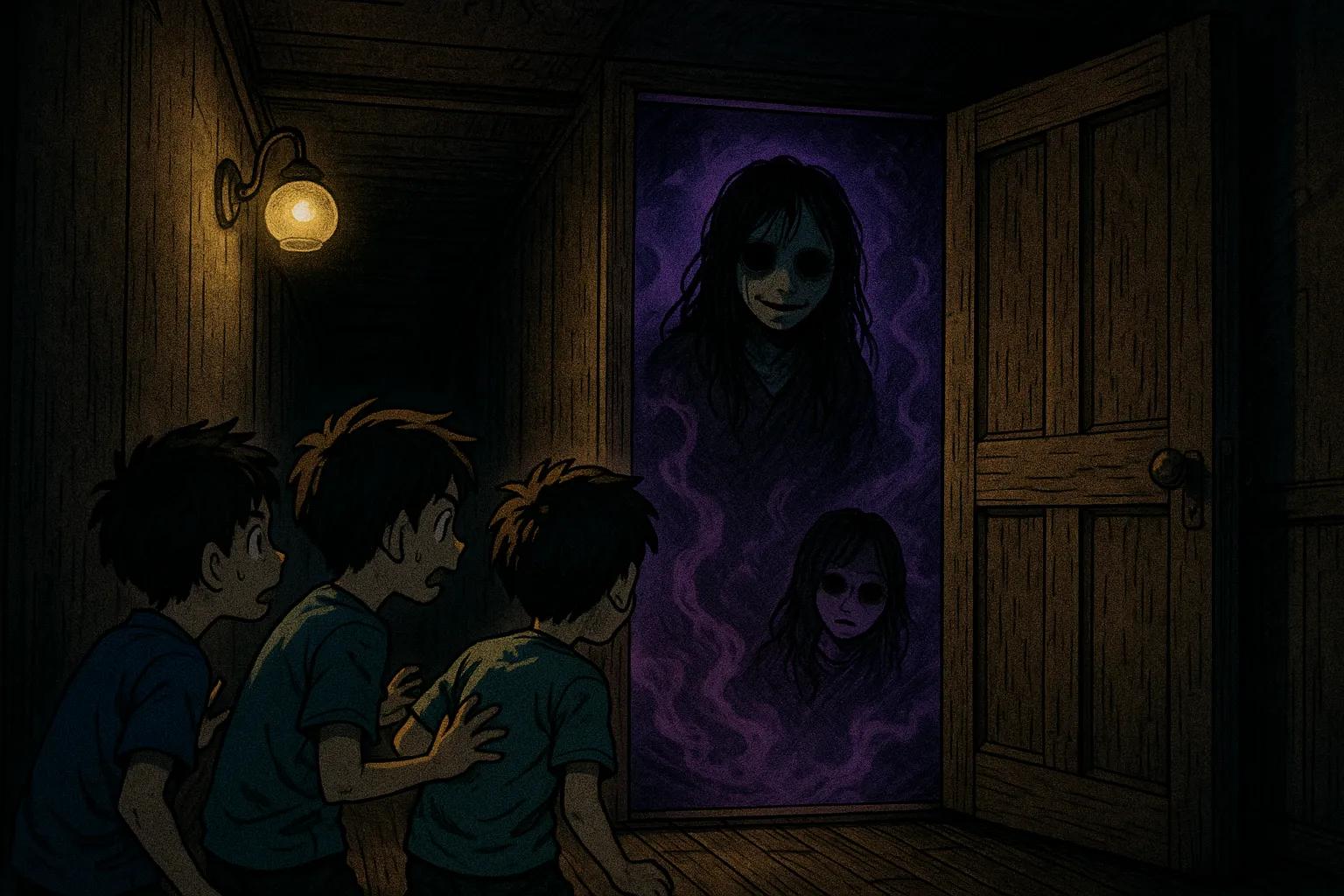 Japanese Ghost Story illustration "title: 友達の家の扉"