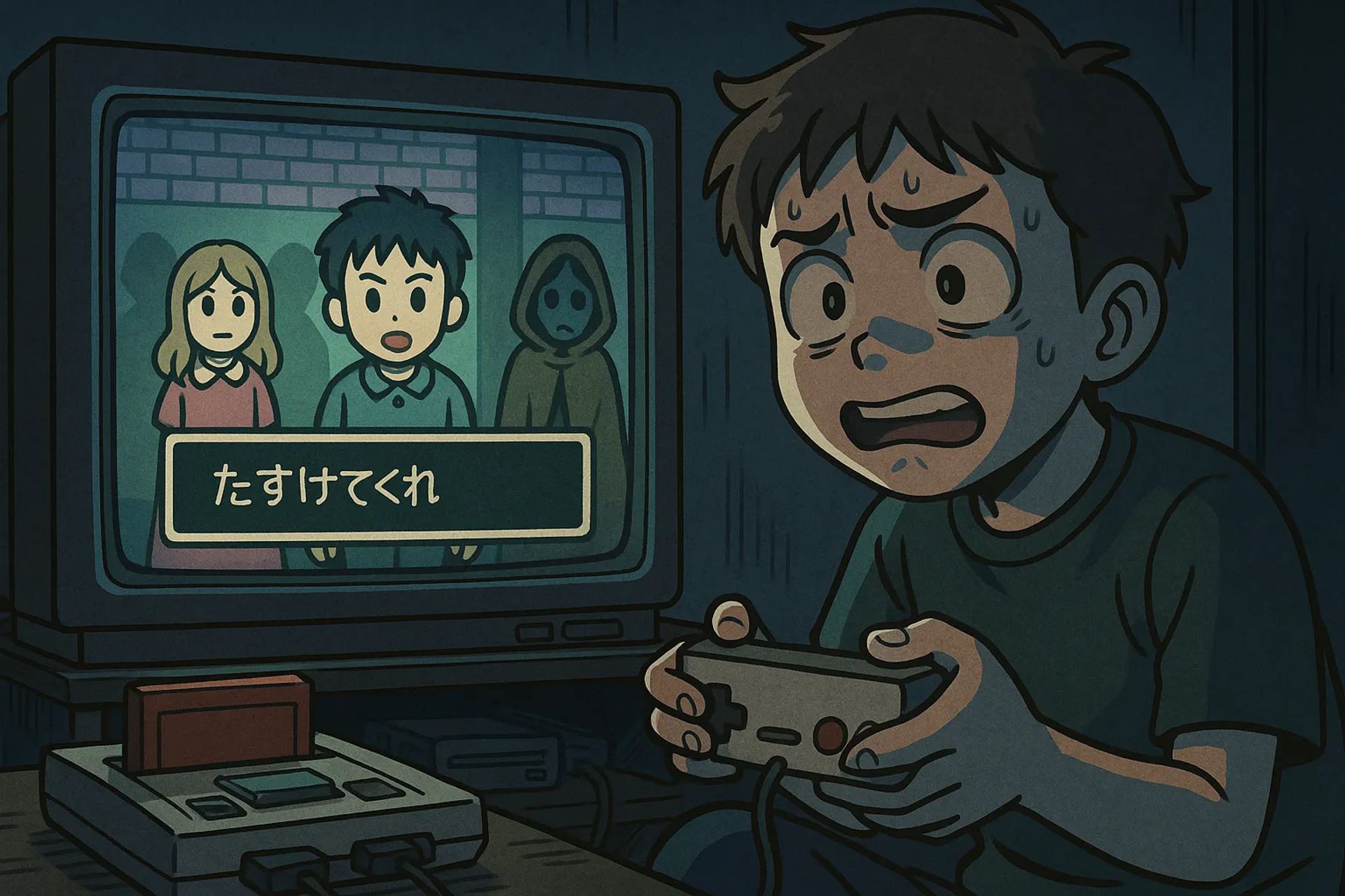 Japanese Ghost Story illustration "title: Friend's Family Computer Game"