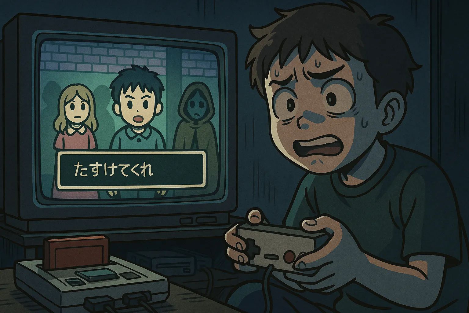 Japanese Ghost Story illustration "title: Friend's Family Computer Game"